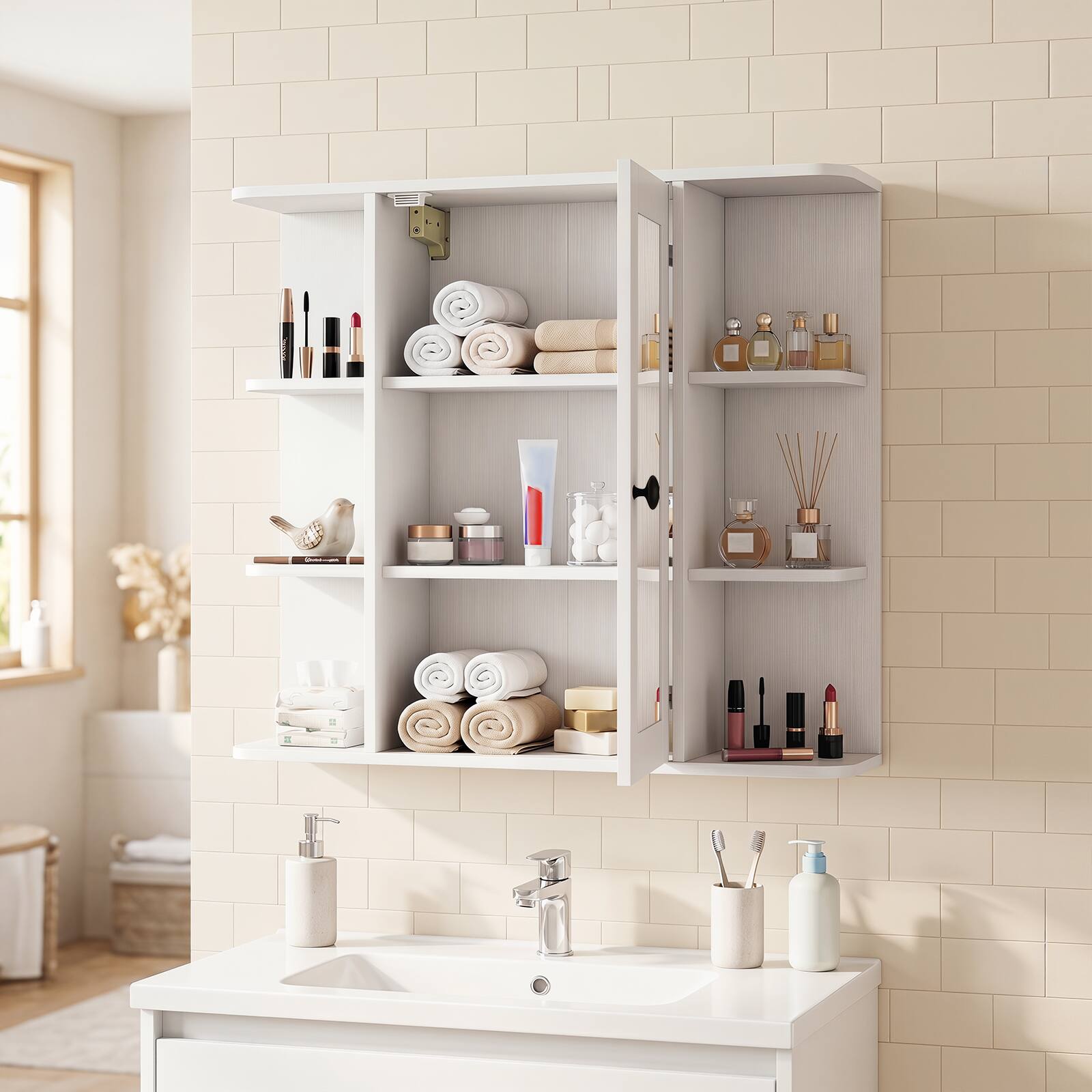 Alt View 1. Costway - Costway Wall Mounted Bathroom Medicine Cabinet with 3 Inner Shelves & 6 Open Side Shelves - White.