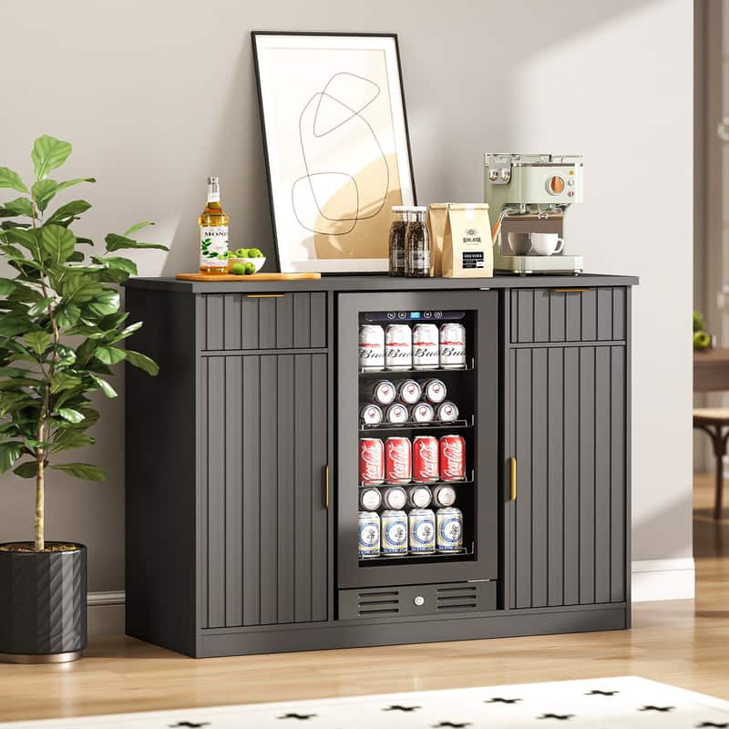 Skyzoo - 53" Coffee Bar Cabinet with Fridge Space, Mini Fridge Stand with Storage, Elegant Fluted Design for Home Bars - Black