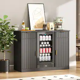 Skyzoo - 53" Coffee Bar Cabinet with Fridge Space, Mini Fridge Stand with Storage, Elegant Fluted Design for Home Bars - Black