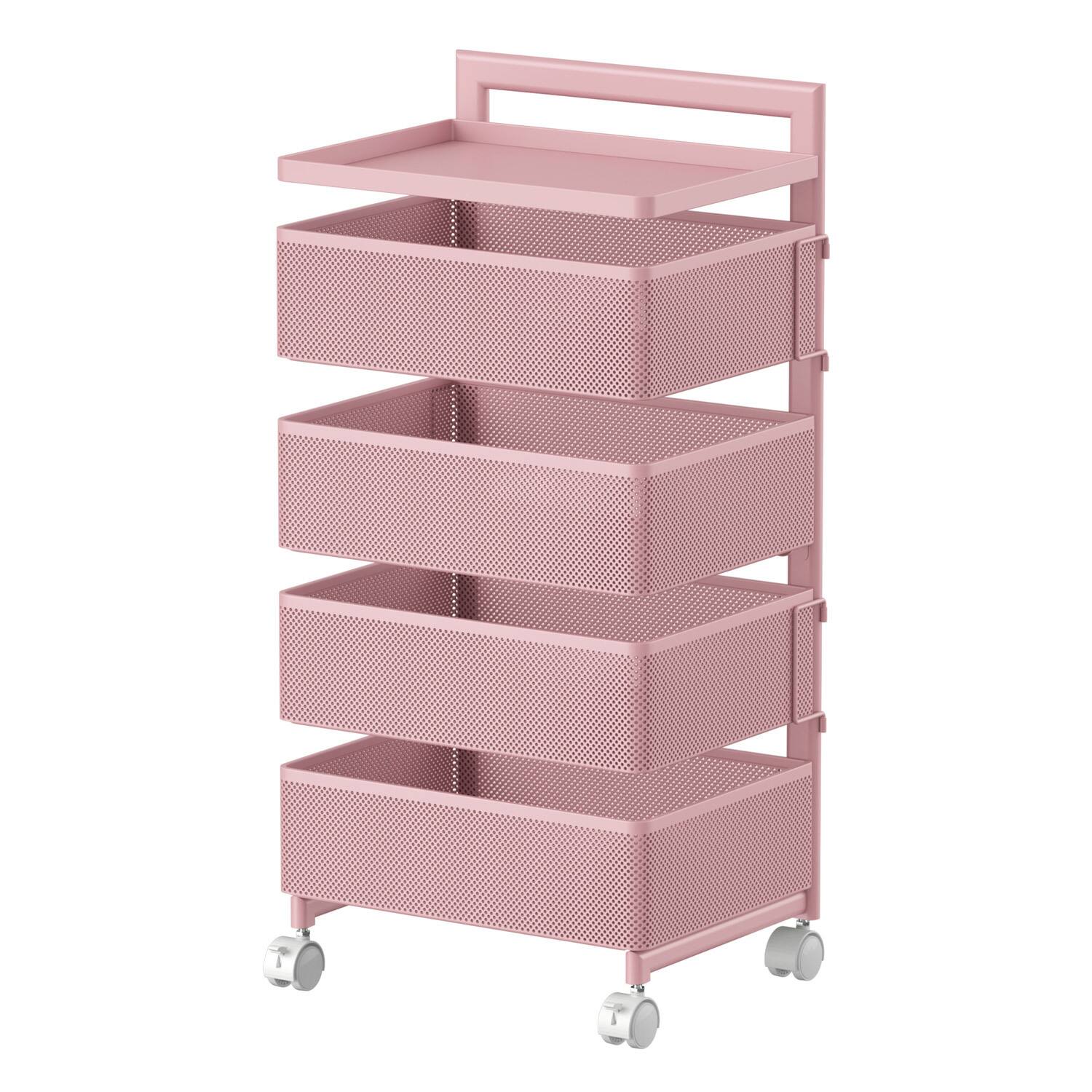 Malletson - 5-Tier Rotating Kitchen Storage Cart with Wheels, Metal Mesh Organizer for Fruits, Vegetables, and Kitchen Supplies - Pink