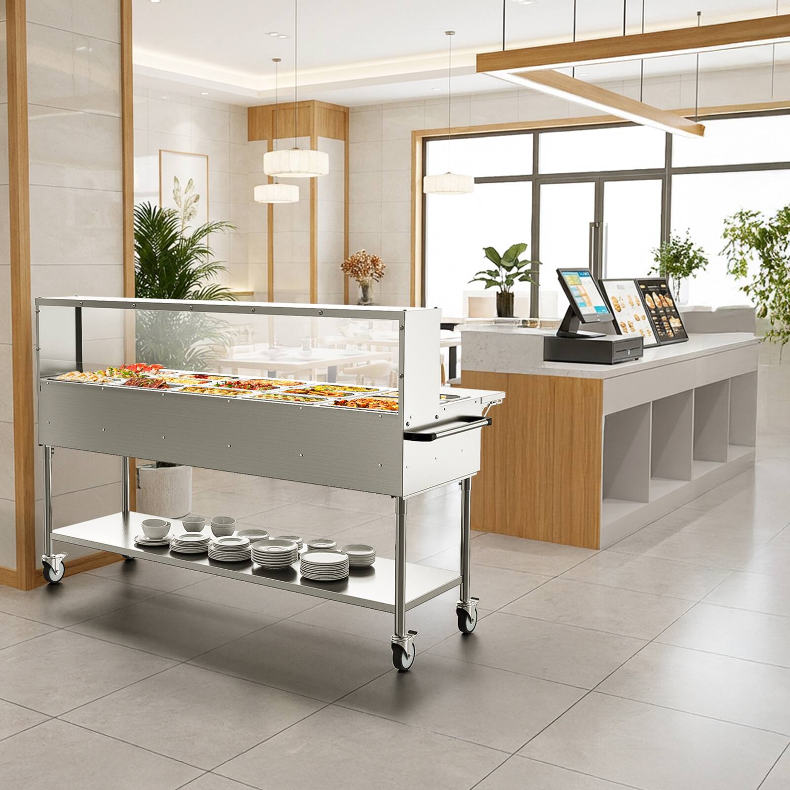 Alt View 9. Winado - 120QT Electric Commercial Food Warmer 2500W, 15-Pan Steam Table 8QT/Pan Stainless Steel Bain Marie w/Overshelf Undershel - Silver.
