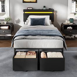 Furnulem - Platform Bed with 2 Drawers and Open Storage Headboard Adjustable LED Light and Charging Station - Black