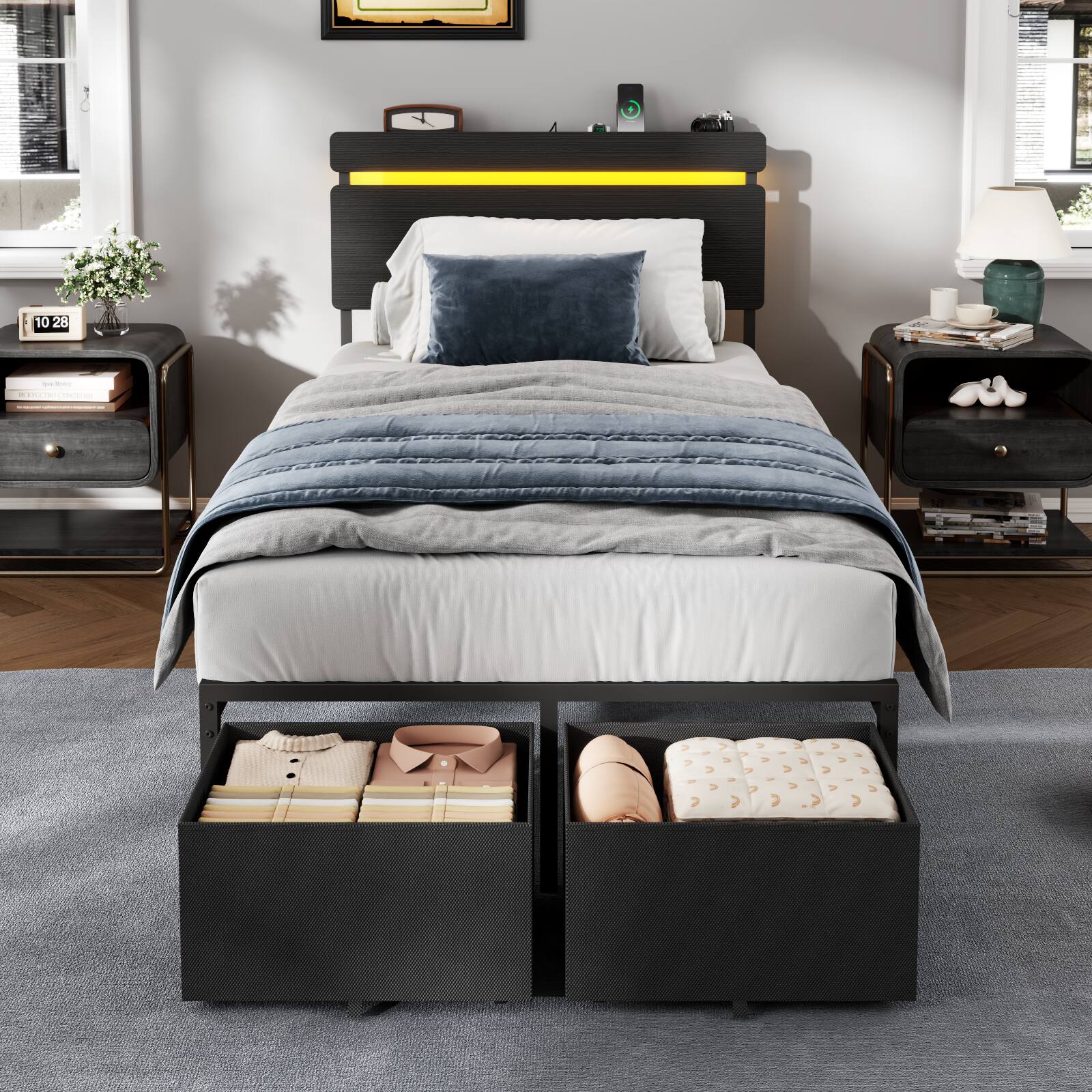Front. Furnulem - Platform Bed with 2 Drawers and Open Storage Headboard Adjustable LED Light and Charging Station - Black.