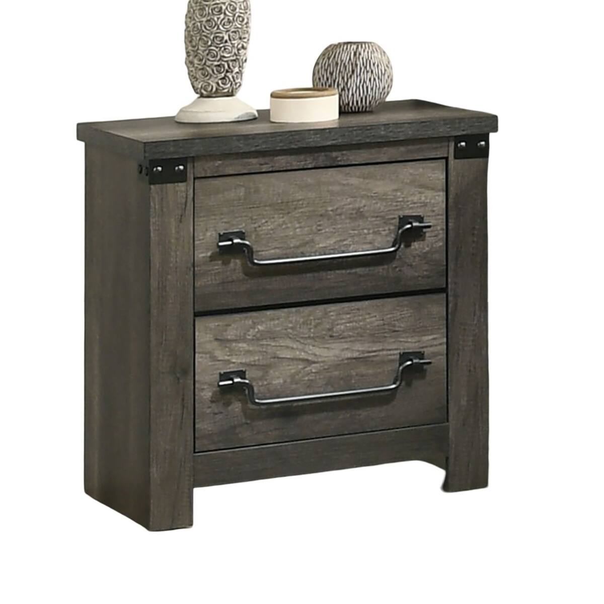 Alt View 3. Loheer - Loheer Rustic Gray Farmhouse Nightstand, Two Drawer Bedside Table with Metal Accents - Gray.