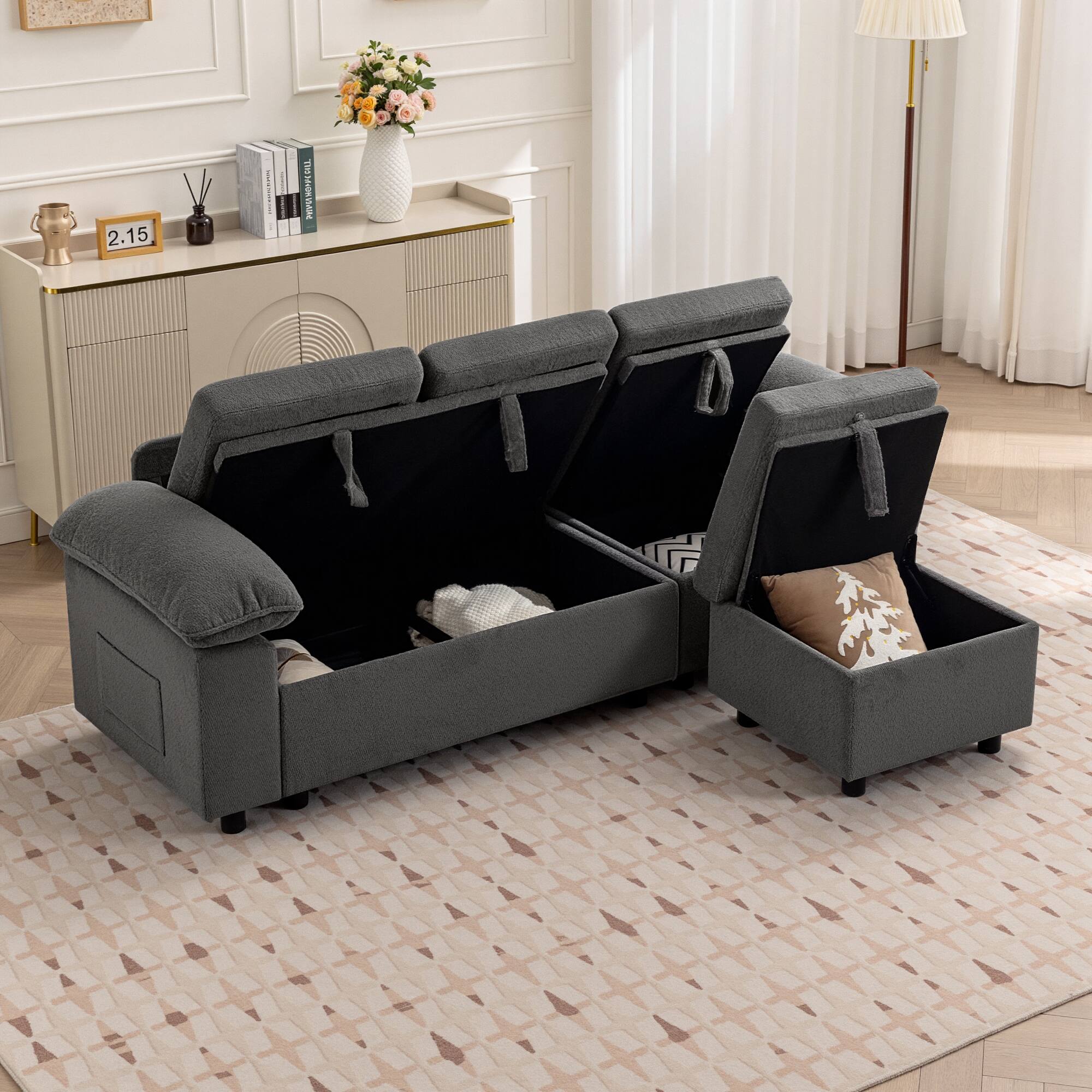 Alt View 6. KERDOM - Combined Convertible L-Shape Sofa with Storage Chaise for Living Room, Modular Sectional Sleeper Couch with Pull Out Bed - Grey-D.