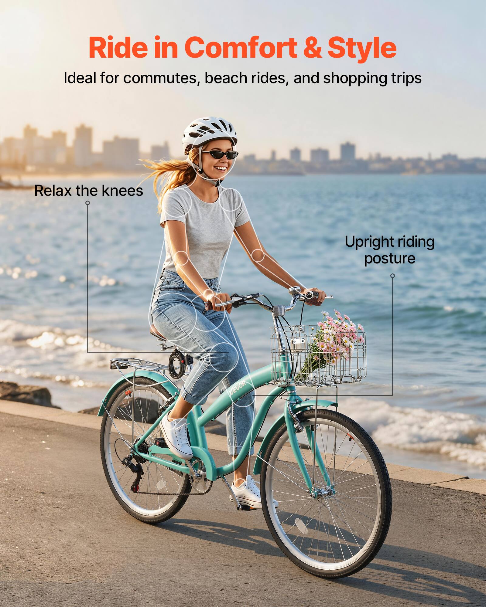 Ride in Comfort & Style  
Ideal for commutes, beach rides, and shopping trips  

Relax the knees  
Upright riding posture