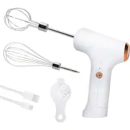 ACJPR - Cordless Hand Mixer, Handheld Electric Whisk with 3 Speed Modes, Handheld Egg Beater with 2 Detachable Stir Whisks - White