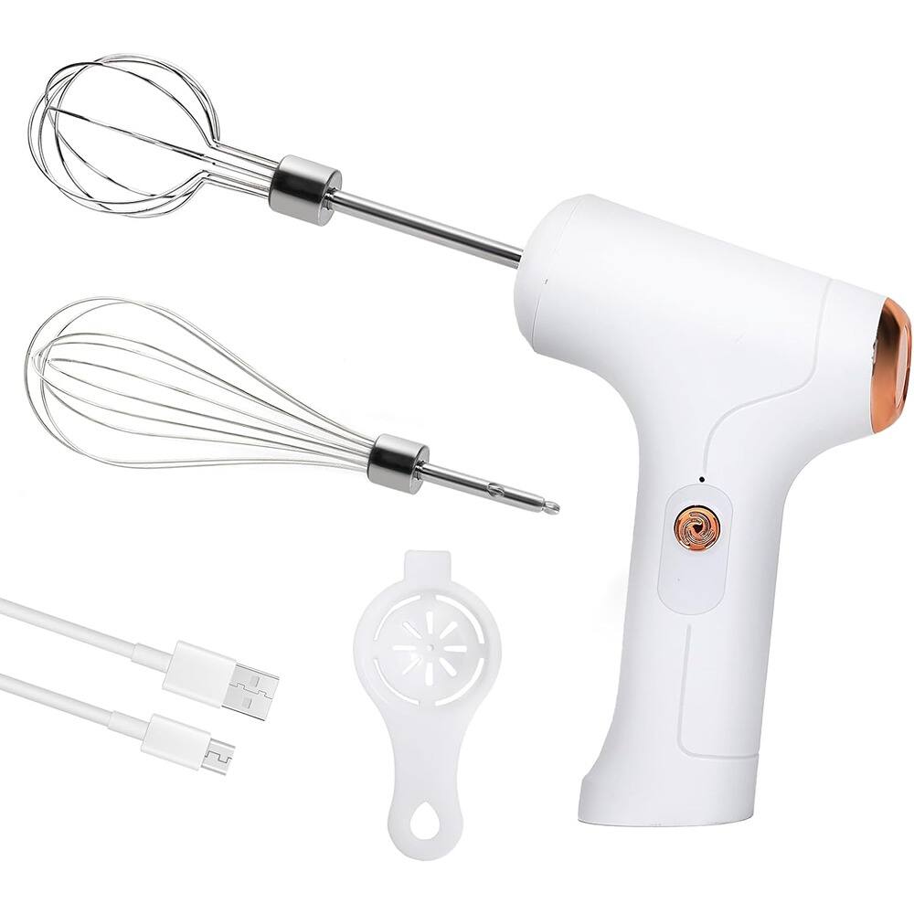 Front. ACJPR - Cordless Hand Mixer, Handheld Electric Whisk with 3 Speed Modes, Handheld Egg Beater with 2 Detachable Stir Whisks - White.