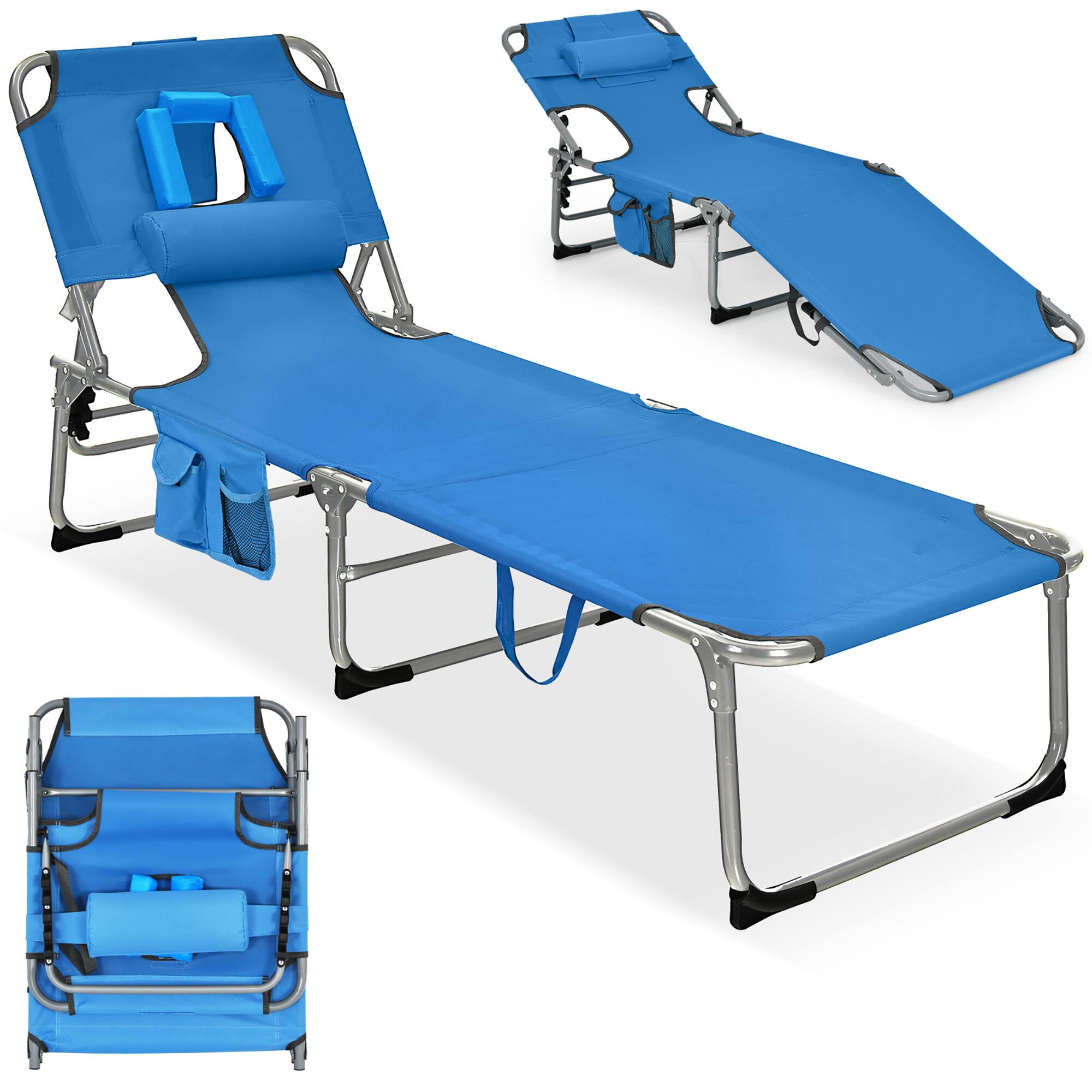 Front. Gymax - Gymax Folding Chaise Lounge Chair Bed Adjustable Outdoor Patio Beach Camping Recliner Blue - Blue.