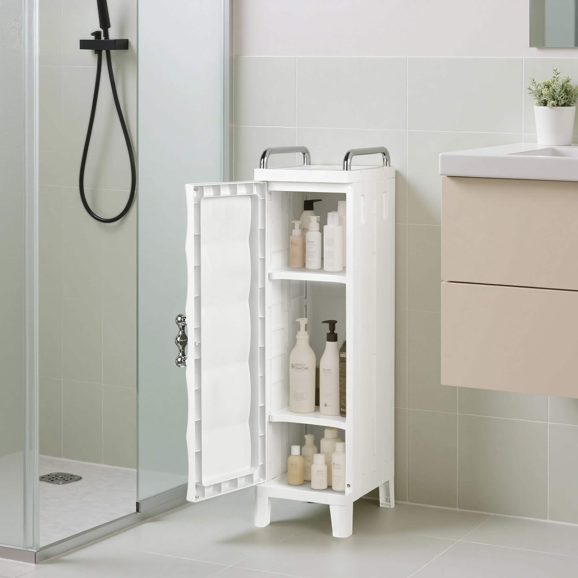 Vecelo - 3 Tier Slim Bathroom Storage Cabinet with Doors, Plastic Toilet Side Organizer, Freestanding Space-Saving Unit - White
