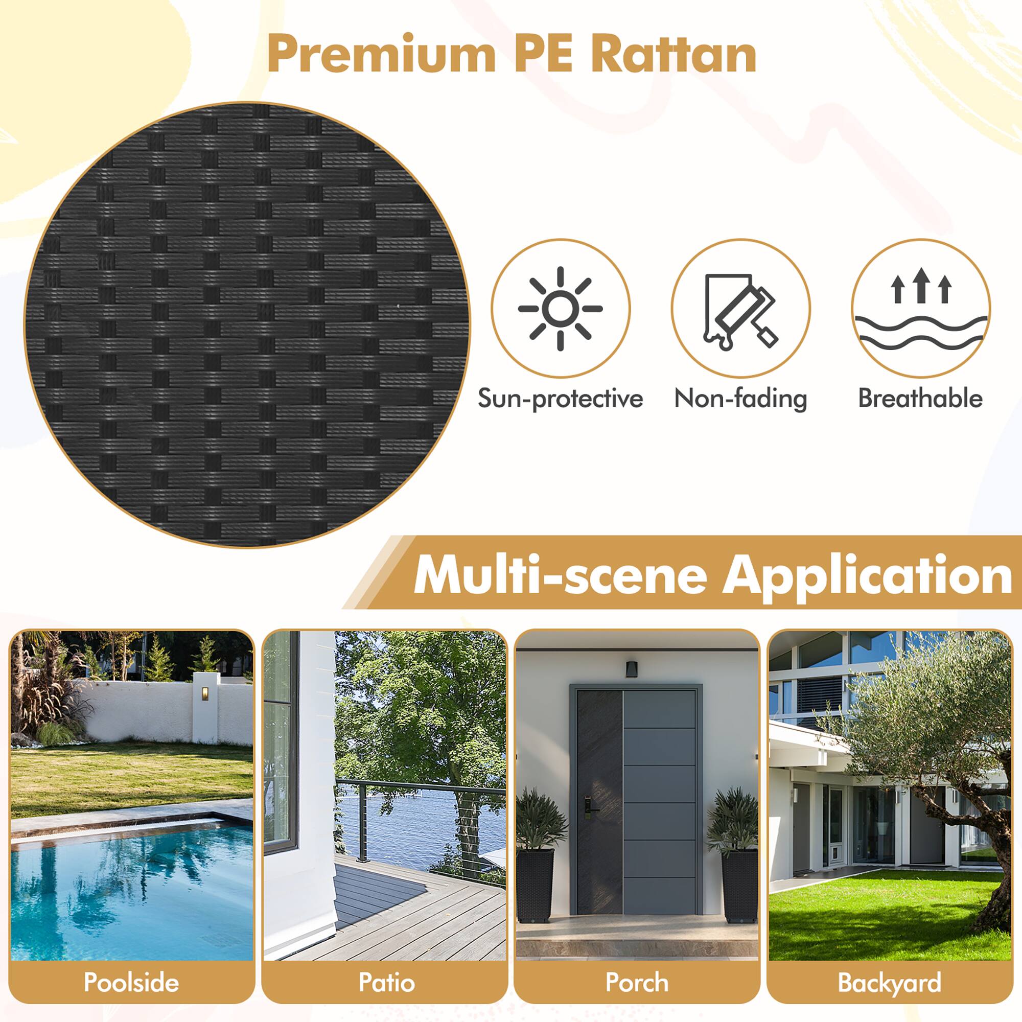 Premium PE Rattan is a sun-protective, non-fading, and breathable material that can be used for various purposes, including poolside, patio, porch, and backyard applications.