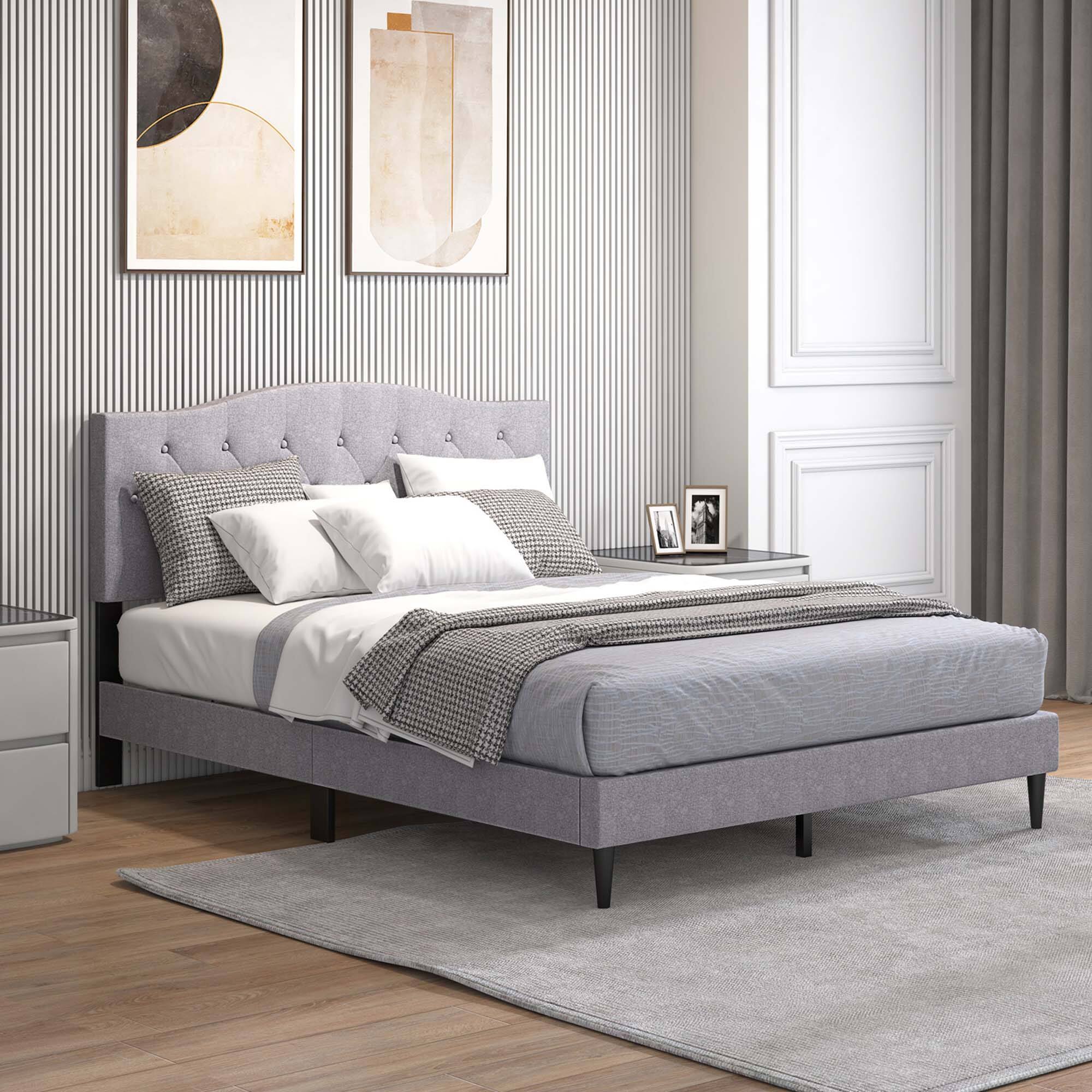 Alt View 4. Costway - Queen Size Upholstered Platform Bed Linen Bed Frame with Button Tufted Headboard - Gray.