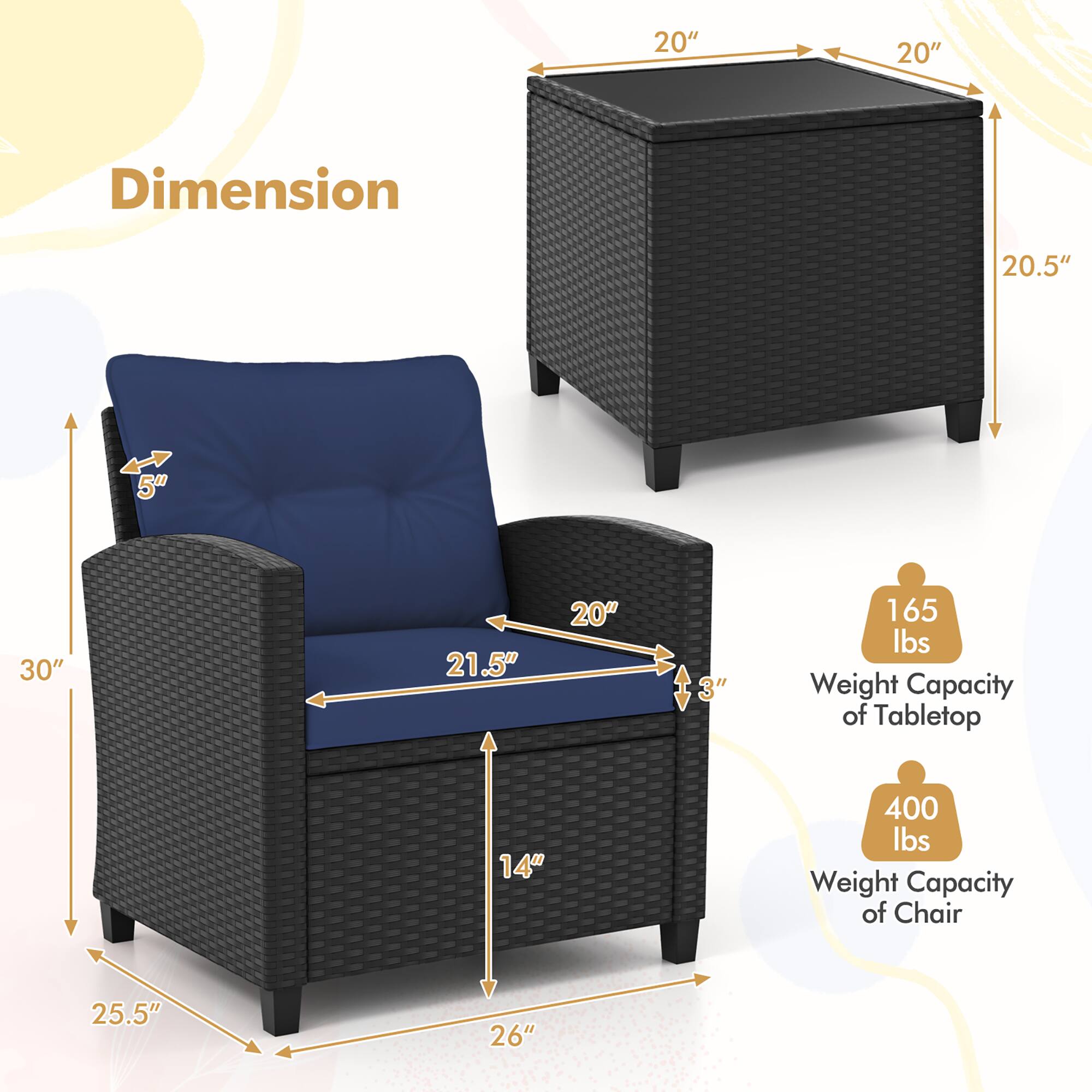 - Dimension
- 20"
- 20.5"
- 5"
- 30"
- 21.5"
- 3"
- 165 lbs Weight Capacity of Tabletop
- 14"
- 400 lbs Weight Capacity of Chair
- 25.5"
- 26"