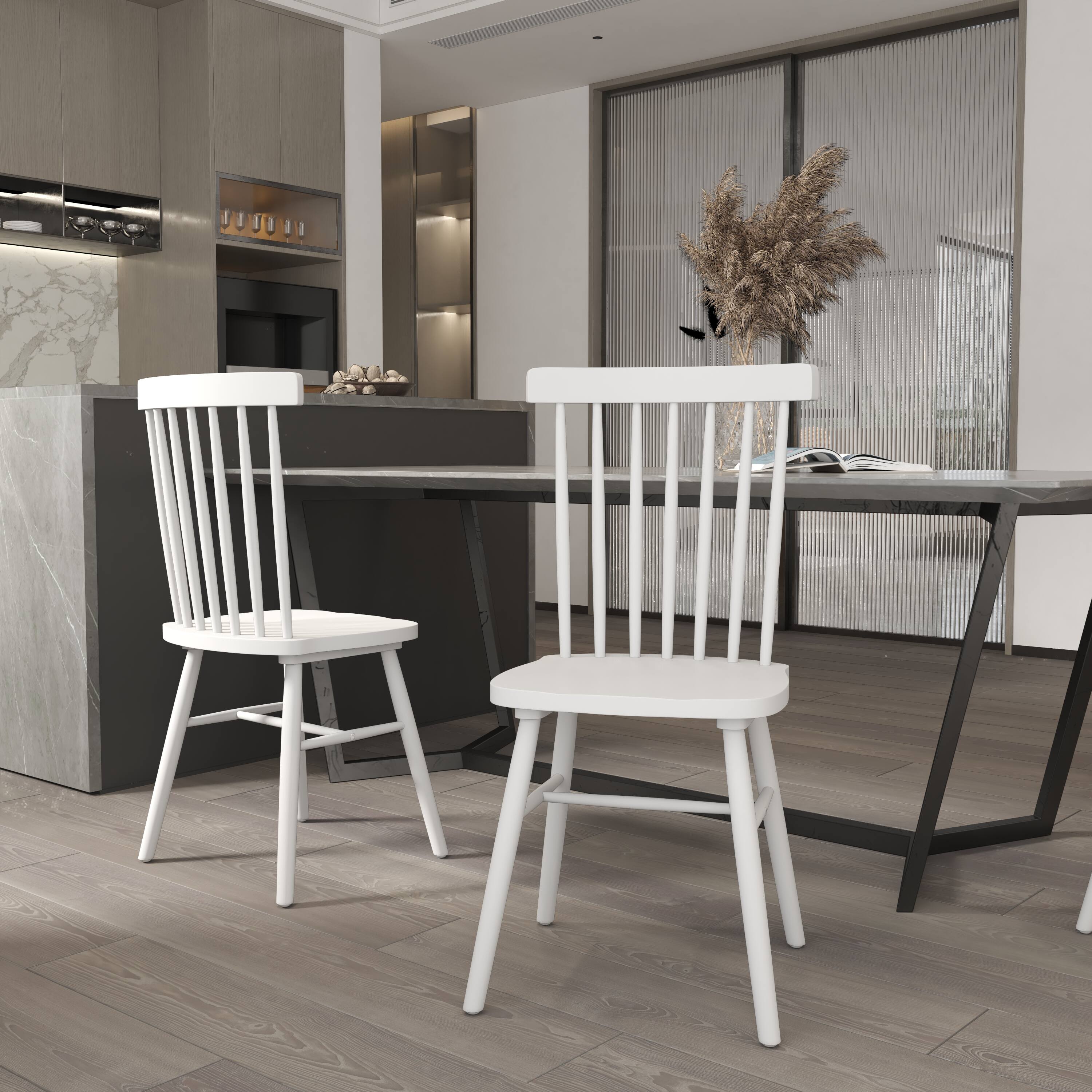 Alt View 2. Emma + Oliver - Canmore Set of Premium Solid Wood Spindle Back Armless Dining Chairs with Saddle Seats and Felt Floor Protectors - White.