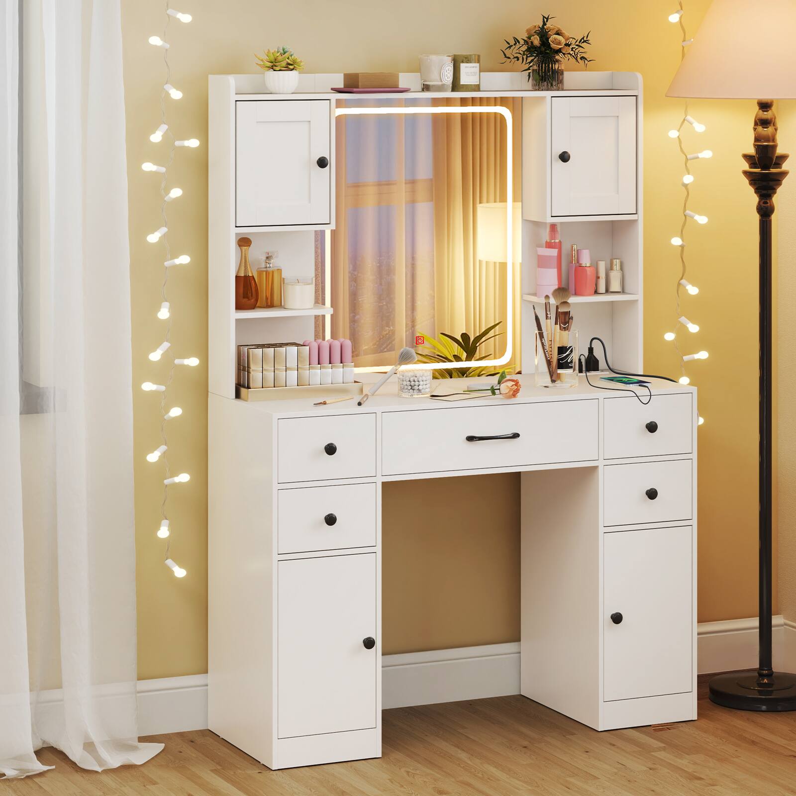 Alt View 4. Gymax - Gymax Makeup Vanity Desk w/ Lighted Mirror Charging Station 3-Color Dimmable LED Lights - White.