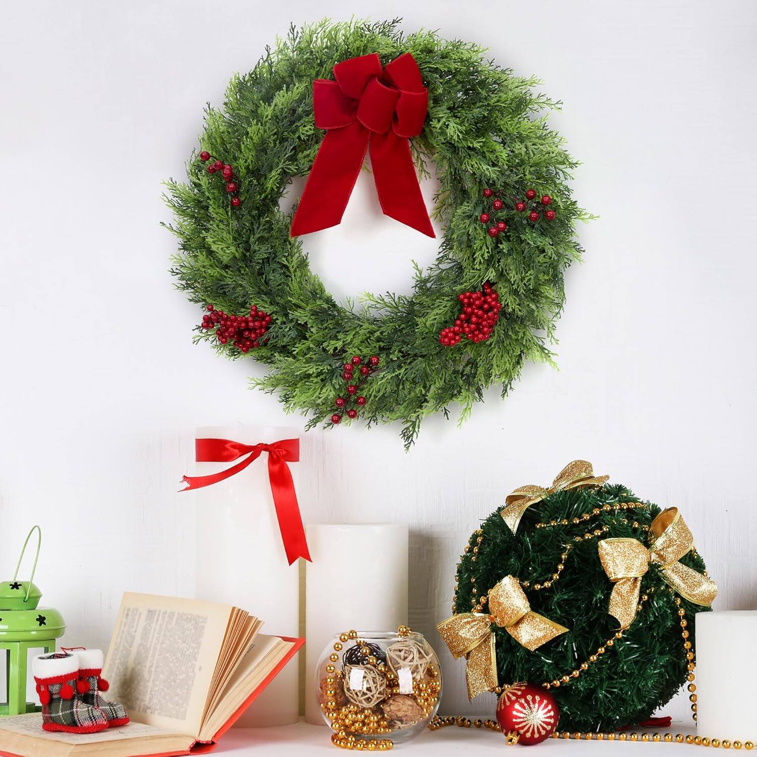 Front. GARVEE - 24" Christmas Wreaths for Front Door, Large Outdoor Xmas Wreath with Berries & Ribbon Bow, for Fireplace Window Decor - Green.