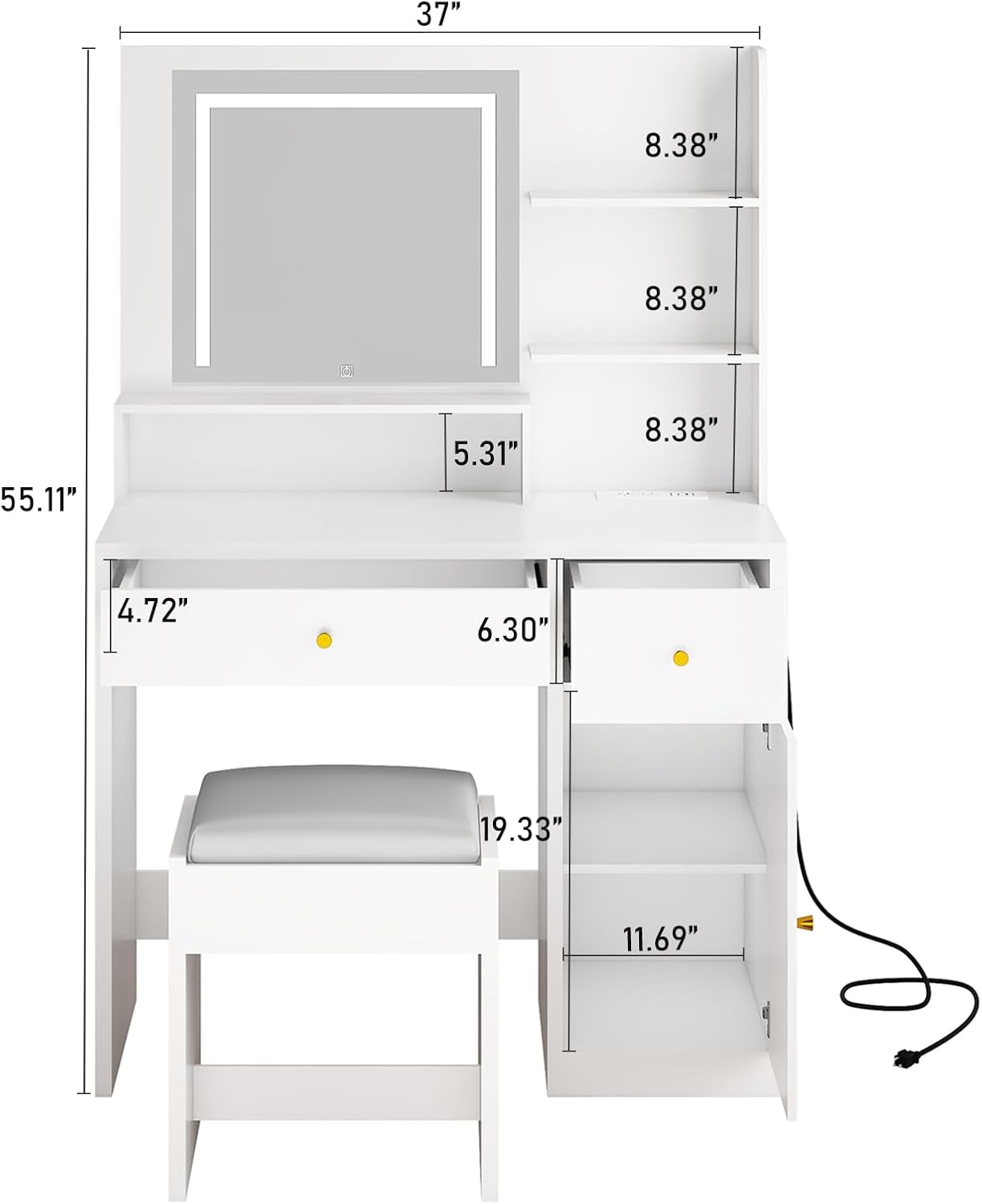 37" 8.38" 8.38" 8.38" 55.11" 5.31" 4.72" 6.30" 19.33" 11.69"