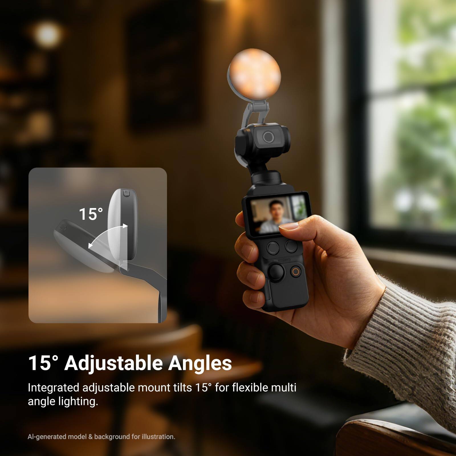 15° Adjustable Angles  
Integrated adjustable mount tilts 15° for flexible multi angle lighting.  
AI-generated model & background for illustration.