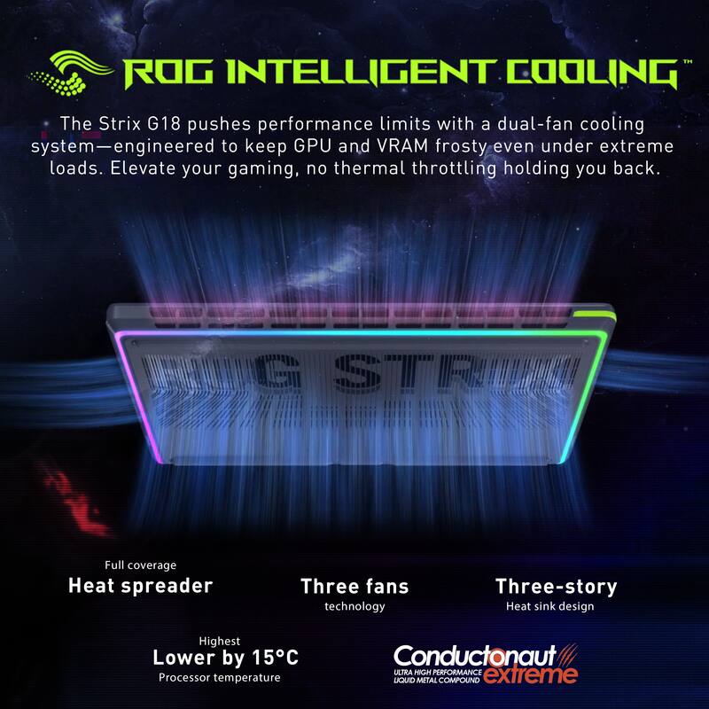 ROG INTELLIGENT COOLING

The Strix G18 pushes performance limits with a dual-fan cooling system—engineered to keep GPU and VRAM frosty even under extreme loads. Elevate your gaming, no thermal throttling holding you back.

- Full coverage Heat spreader
- Three fans technology
- Three-story Heat sink design
- Highest Lower by 15°C Processor temperature

Conductonaut ULTRA HIGH PERFORMANCE extreme LIQUID METAL COMPOUND