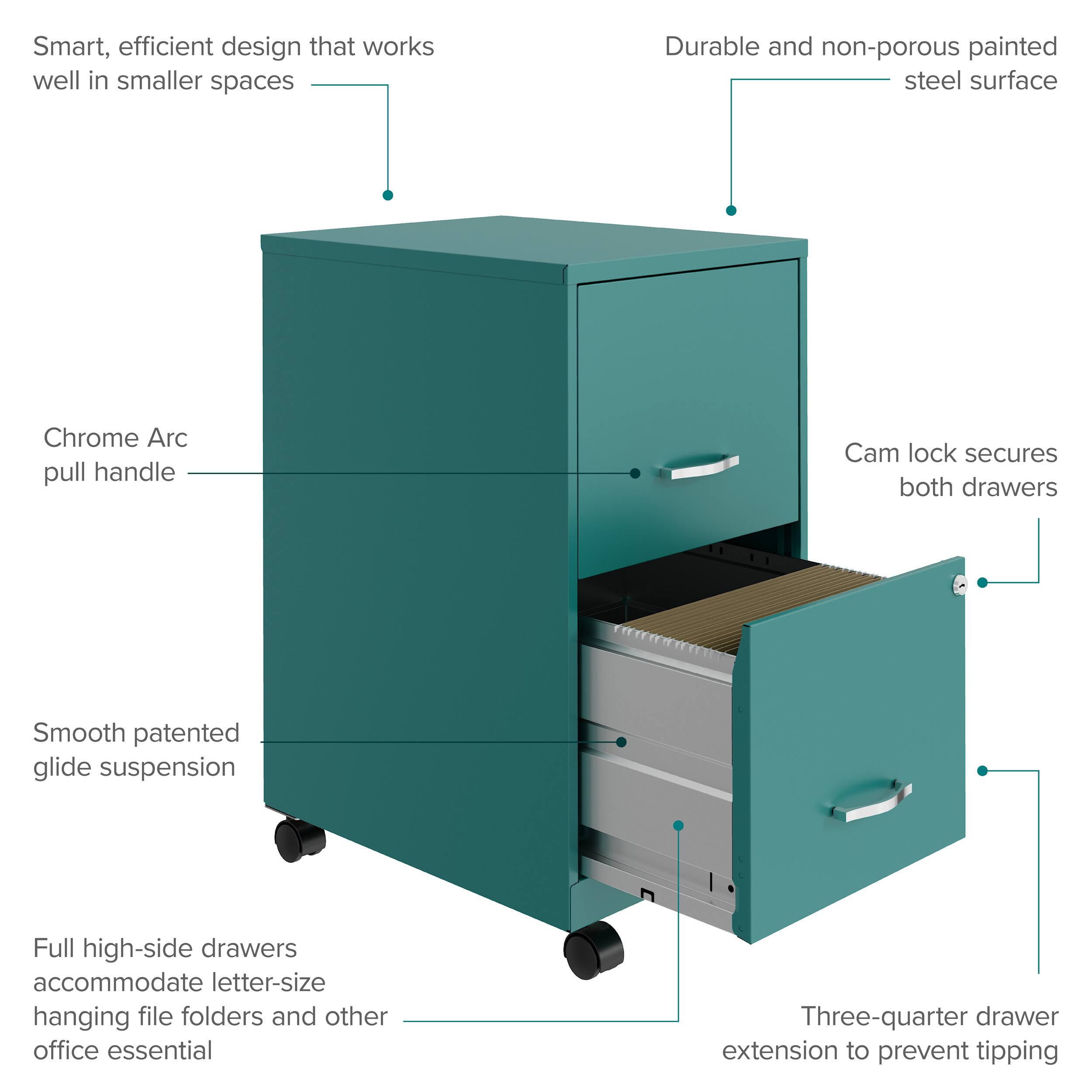- Smart, efficient design that works well in smaller spaces
- Durable and non-porous painted steel surface
- Chrome Arc pull handle
- Cam lock secures both drawers
- Smooth patented glide suspension
- Full high-side drawers accommodate letter-size hanging file folders and other office essentials
- Three-quarter drawer extension to prevent tipping