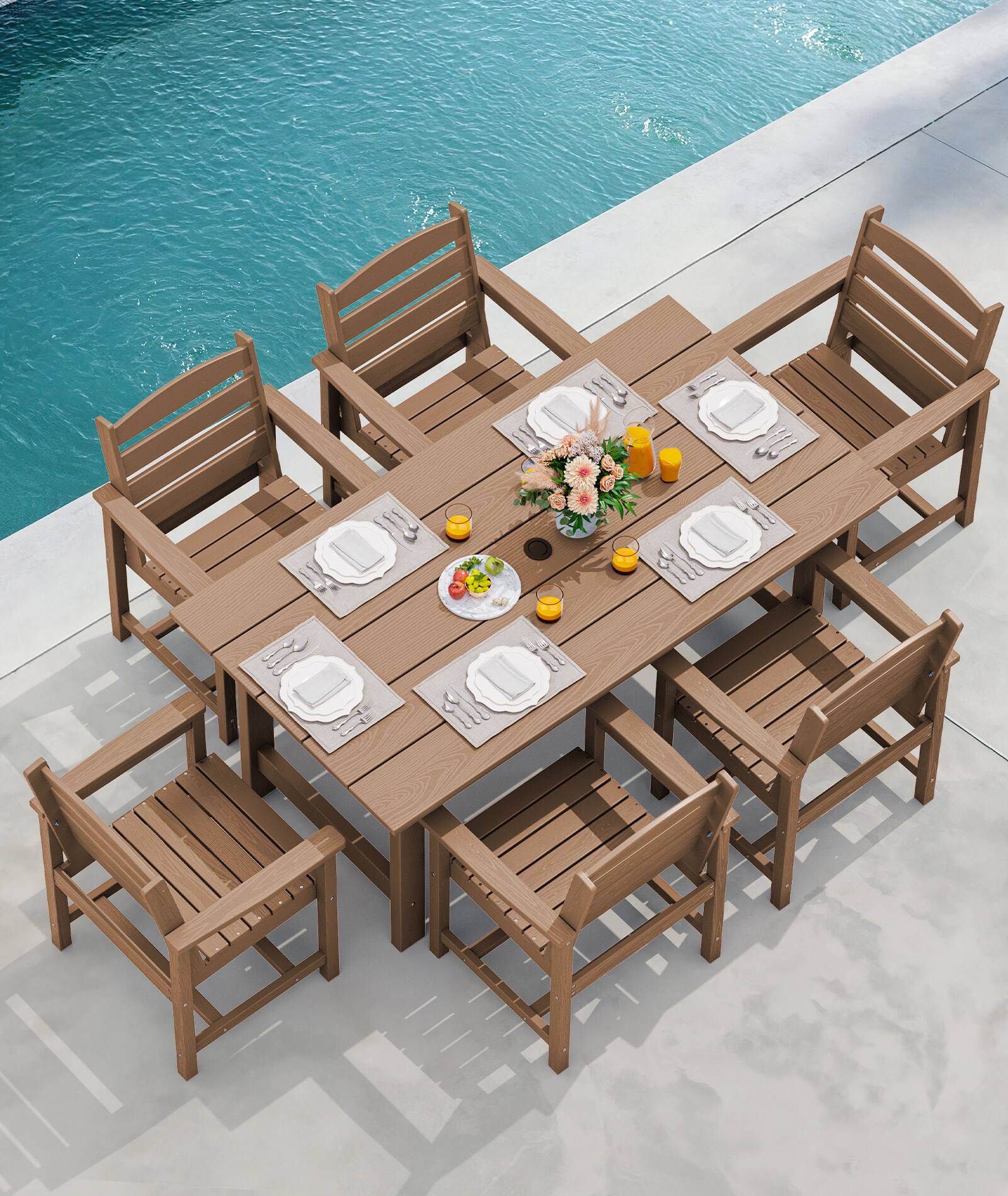 Alt View 8. SERWALL - 7 Pcs Outdoor Dining Set, Outdoor Dining Furniture with Rectangular Table & 6 Chairs, All-Weather Resistant Dining Set - Brown.