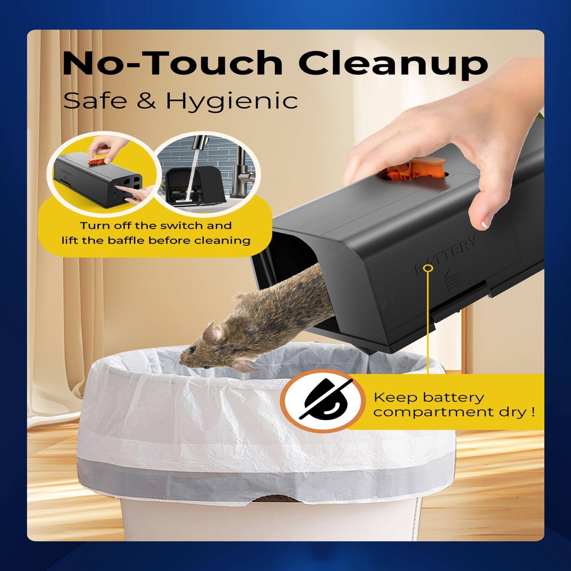 No-Touch Cleanup  
Safe & Hygienic  

Turn off the switch and lift the baffle before cleaning  

Keep battery compartment dry!