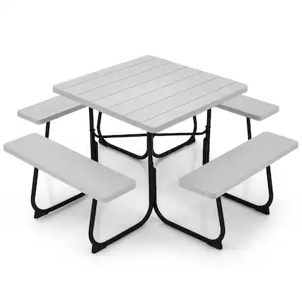 Front. Gymax - Gymax Outdoor Picnic Table 8-person Square Picnic Table Bench Set w/ 4 Benches & Umbrella Hole Grey - Grey.