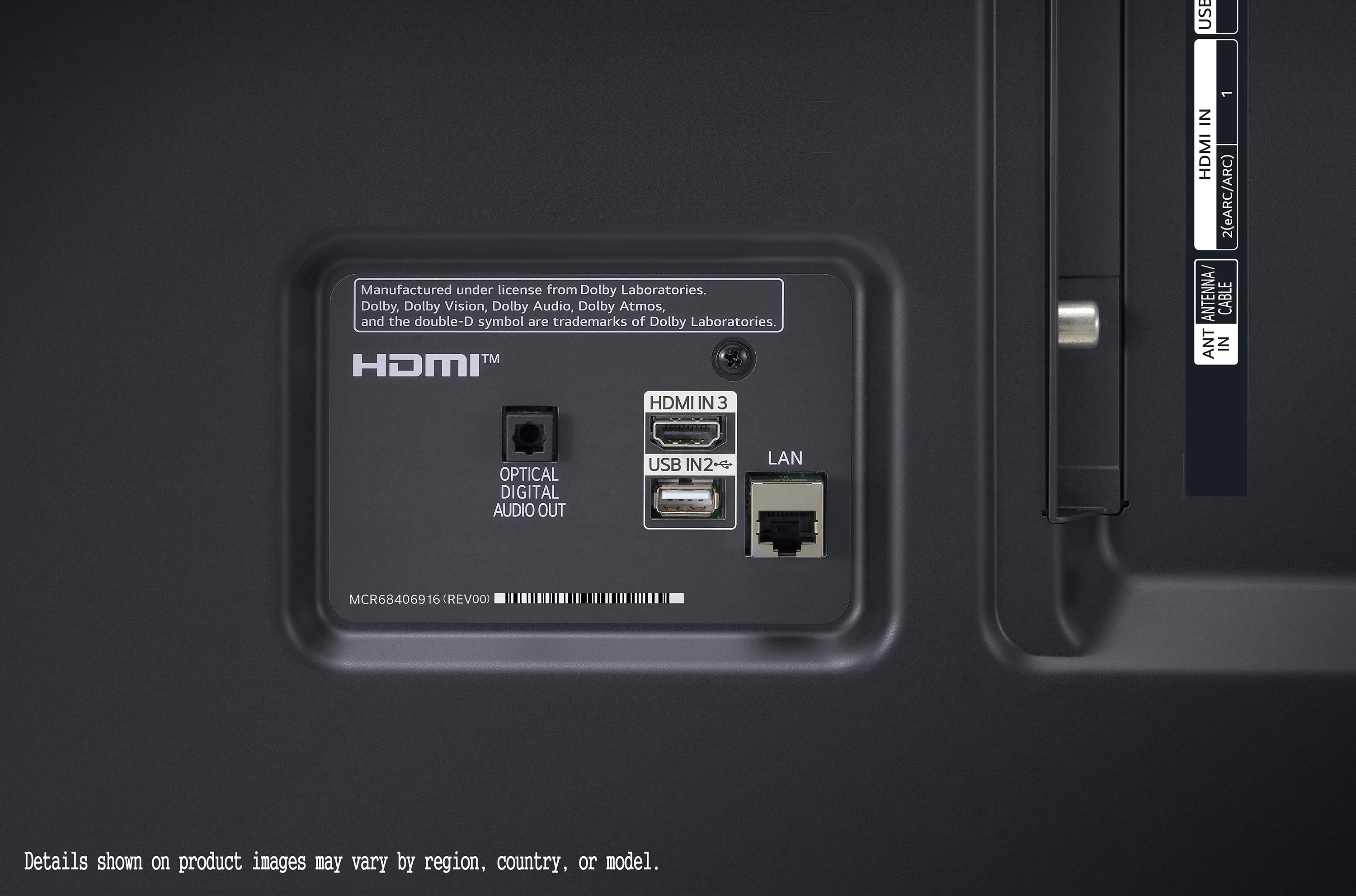 The text on the image is grouped and corrected as follows:
USE Manufactured under license from Dolby Laboratories. Dolby, Dolby Vision, Dolby Audio, Dolby Atmos, and the double-D symbol are trademarks of Dolby Laboratories. TM HDMI HDMI IN 3 1 IN HDMI 2(eARC/ARC) ANTENNA CABLE ANT IN OPTICAL DIGITAL AUDIO OUT USB IN2 LAN MCR68406916(REV 16 (REVOO) Details shown on product images may vary by region, country, or model.