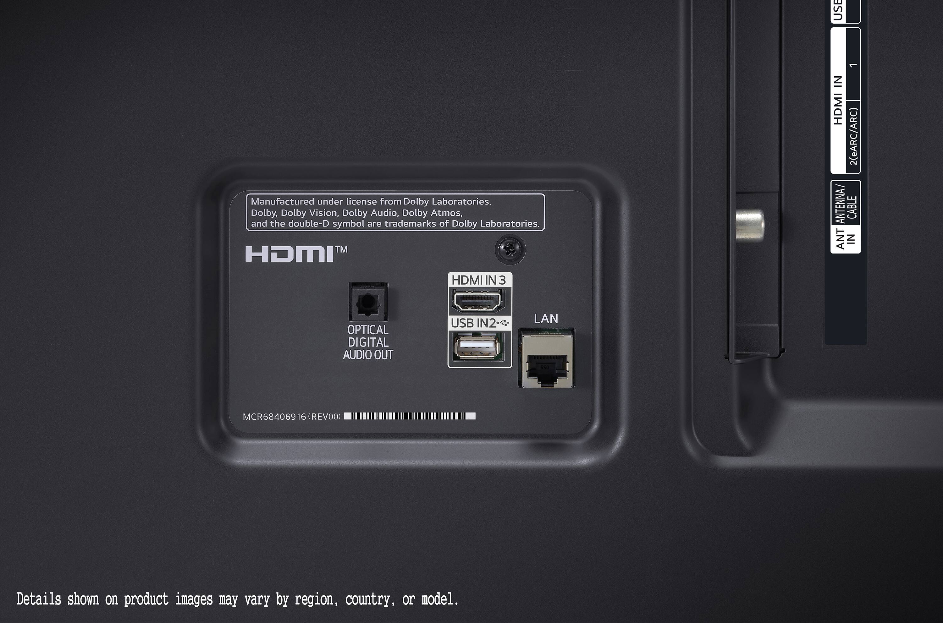 The text on the image is grouped and corrected as follows:

USE Manufactured under license from Dolby Laboratories. Dolby, Dolby Vision, Dolby Audio, Dolby Atmos, and the double-D symbol are trademarks of Dolby Laboratories. TM HDMI HDMI IN 3 1 IN HDMI 2(eARC/ARC) ANTENNA CABLE ANT IN OPTICAL DIGITAL AUDIO OUT USB IN2 LAN MCR68406916(REV 16 (REVOO) Details shown on product images may vary by region, country, or model.