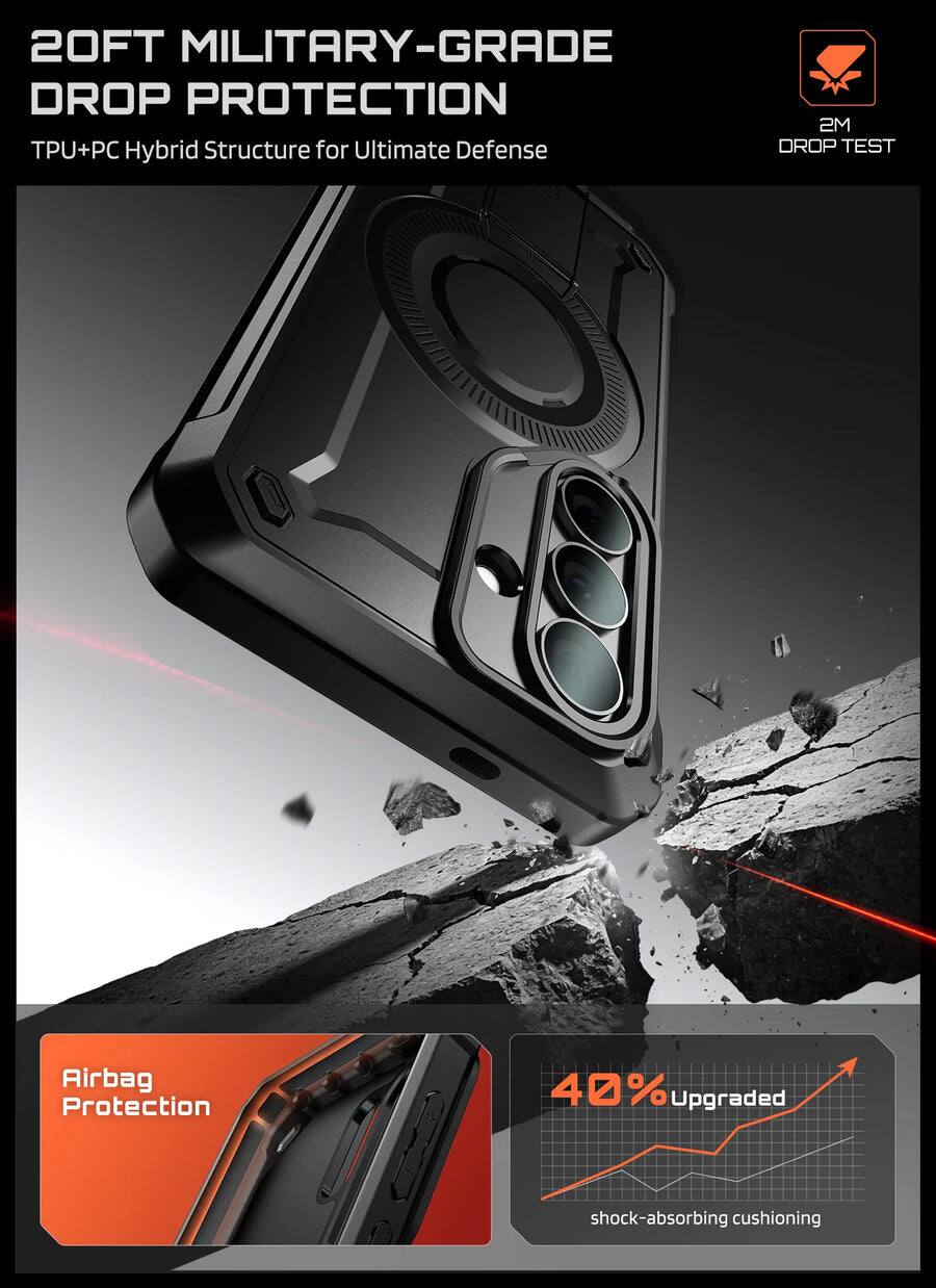 20FT MILITARY-GRADE DROP PROTECTION  
TPU+PC Hybrid Structure for Ultimate Defense  

2M OROP TEST  
Airbag Protection  

40% Upgraded shock-absorbing cushioning