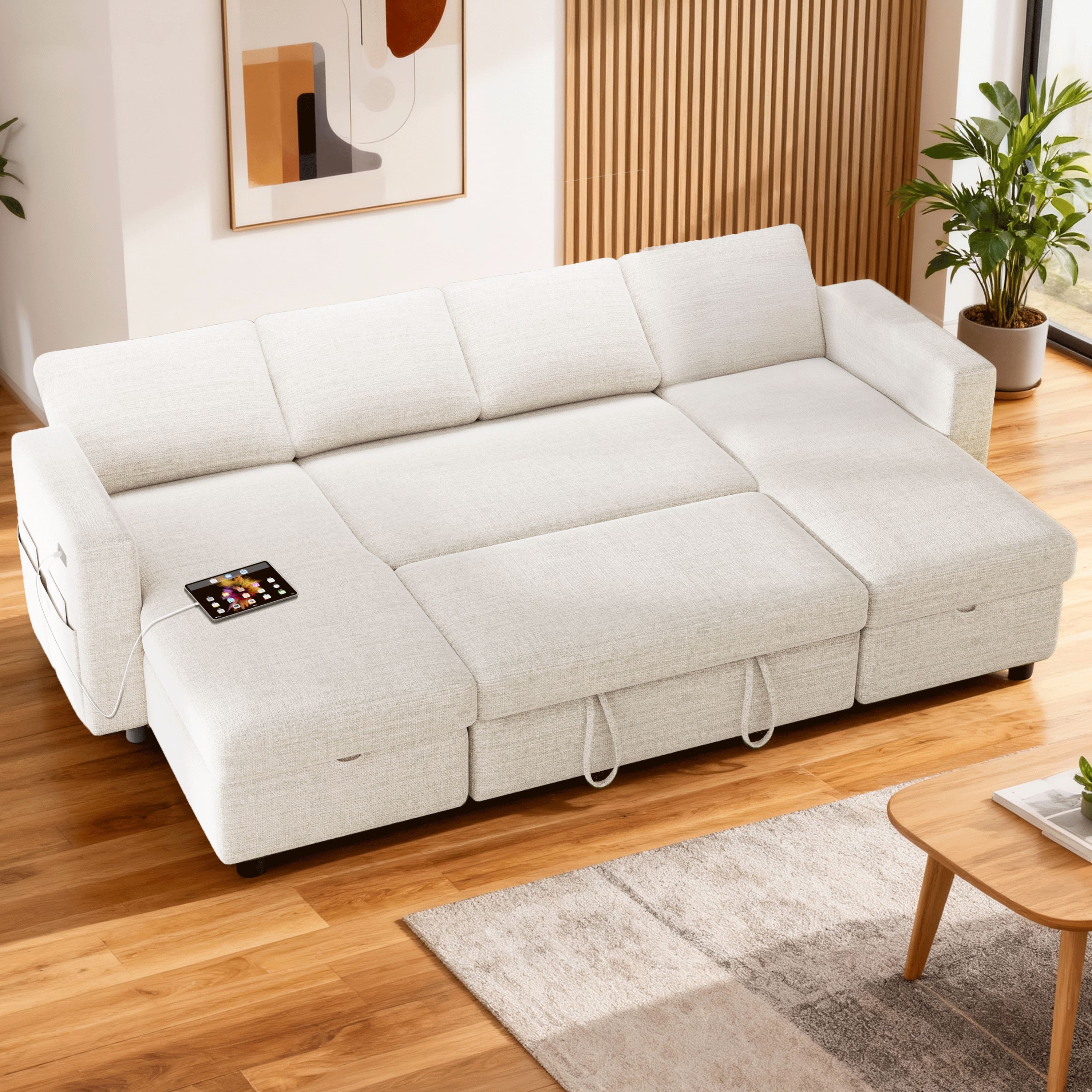 Dyonery - 105" Sectional Sleeper Sofa,Pull Out Couch with Reclining Backrest,USB Ports, Tool-Free Assembly, Chenille Beige - Chenille Beige
