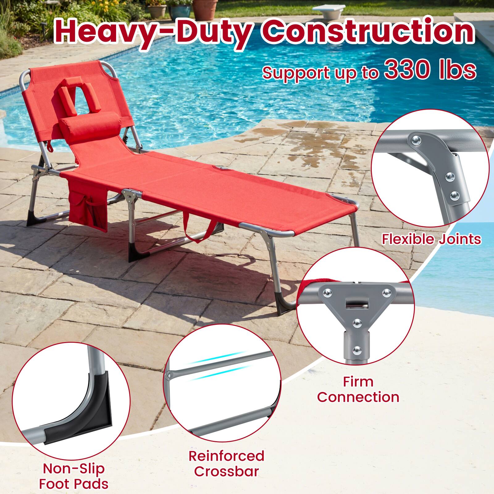 Heavy-Duty Construction  
Support up to 330 lbs  
Flexible Joints  
Firm Connection  
Non-Slip Foot Pads  
Reinforced Crossbar