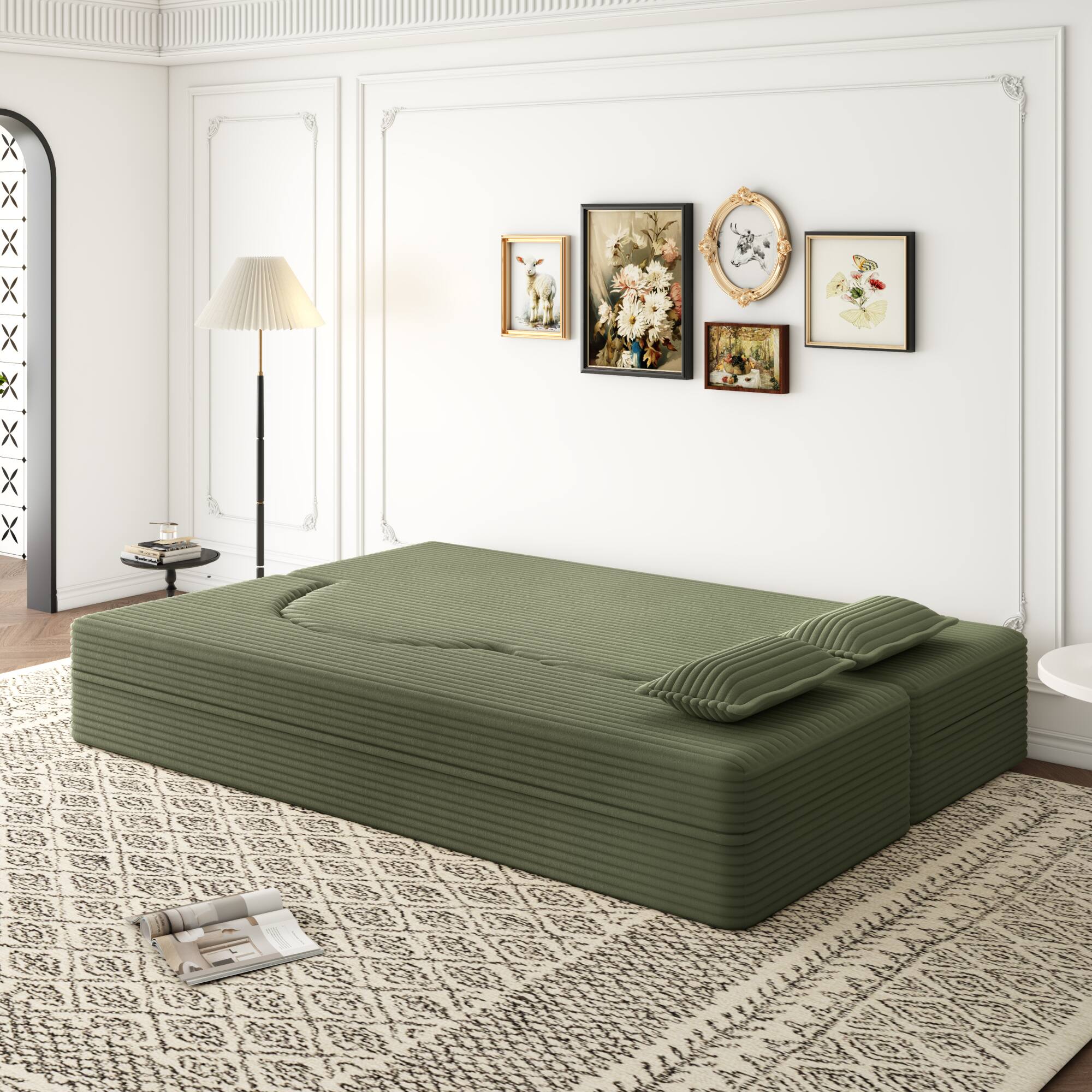 Left. GOODSILO - Convertible Plush Corduroy Floor Sleeper Sofa with Dual Pillows for Living Room and Guest Use - Green.