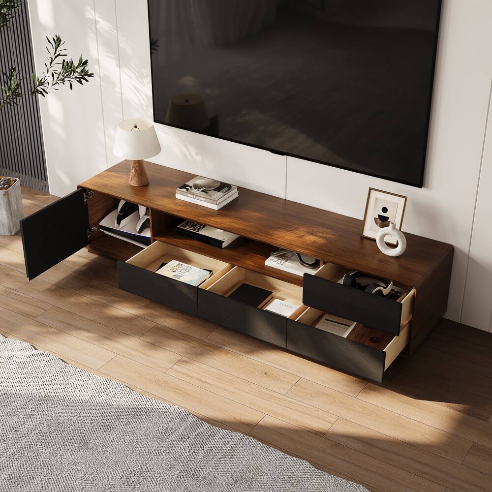 Left. POVISON - 70.87"Modern Wood TV Stand, Lowline TV Console With Drawers, Open Storage, Cabinet, Walnut Veneer, Fully-Assembled - Dark Wood & Black.
