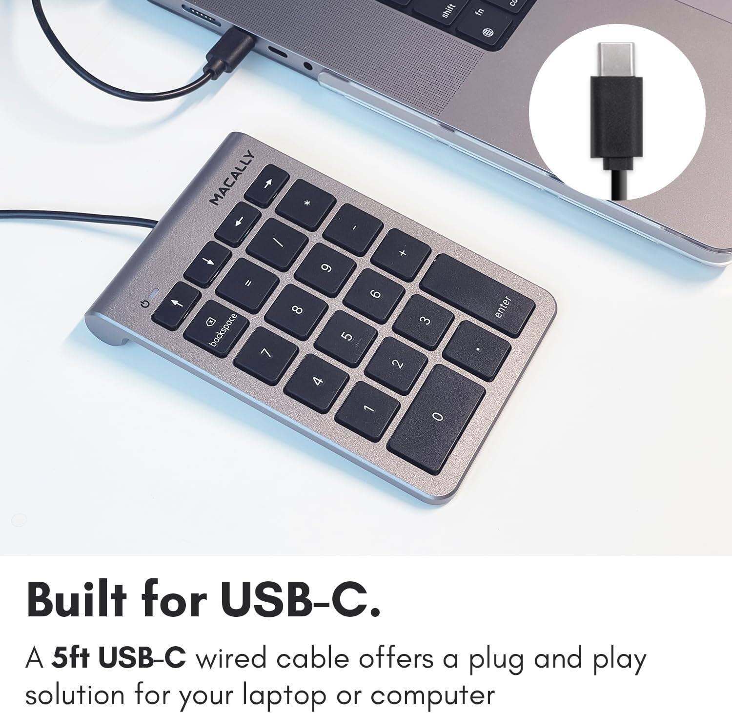 The text in the image can be grouped and corrected as follows:

---

**Built for USB-C.**

A 5ft USB-C wired cable offers a plug and play solution for your laptop or computer.

---

**Keyboard Layout:**

- Shift
- Fn
- L
- D
- MACALLY
- *
- +
- -
- T
- 9
- B
- 8
- D
- Backspace
- 5
- 7
- 4
- +
- 6
- 2
- 3
- Enter
- 1
- 0

---

This text describes a USB-C wired cable and shows a keyboard layout.