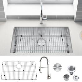 Akicon - 32 in. Undermount Single Bowl 18-Gauge Kitchen Sink and Pull-Down Faucet with Bottom Grid and Basket Strainer - Silver