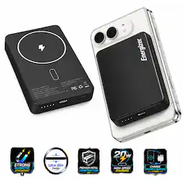 Energizer - 10,000mAh SLIM METAL 20W Magnetic Wireless Qi/Qi2.0/MagSafe PowerBank, Portable Charger, 2 Outputs, LED Display, & USB-C - Black