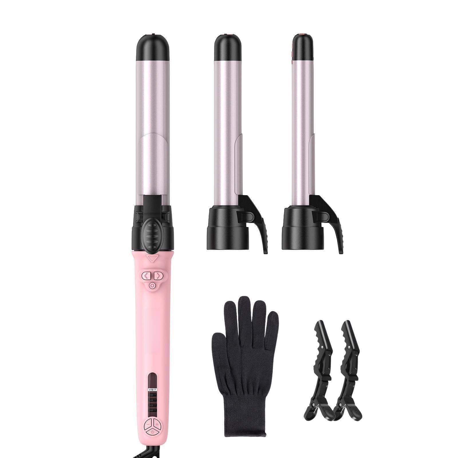 The Best Inks - Zavaera 3 In 1 Rotating Curling Iron Wand Set With 3 Interchangeable Ceramic Barrels(0.75 - 1.25 ) Instant - Pink