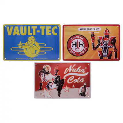 Sure, here is the corrected and grouped text from the image:
---
**Top Left:**
- VAULT-TEC
- Revolutionising safety for an uncertain future.
**Top Right:**
- YOU'RE GOOD TO GO!!
- GASOLINE AIR DIESEL FUSION
- RED ROCKET
**Bottom:**
- Nuka Cola
---