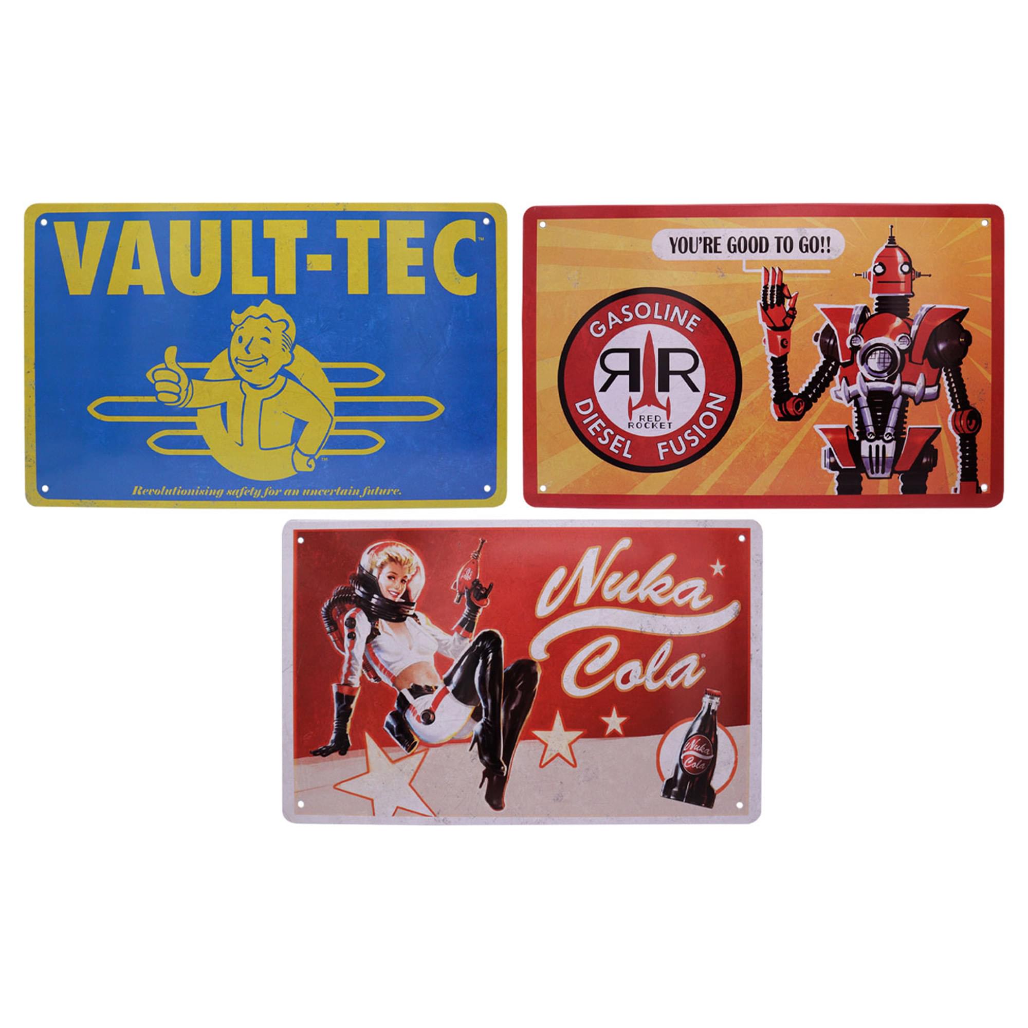 Sure, here is the corrected and grouped text from the image:

---

**Top Left:**
- VAULT-TEC
- Revolutionising safety for an uncertain future.

**Top Right:**
- YOU'RE GOOD TO GO!!
- GASOLINE AIR DIESEL FUSION
- RED ROCKET

**Bottom:**
- Nuka Cola

---