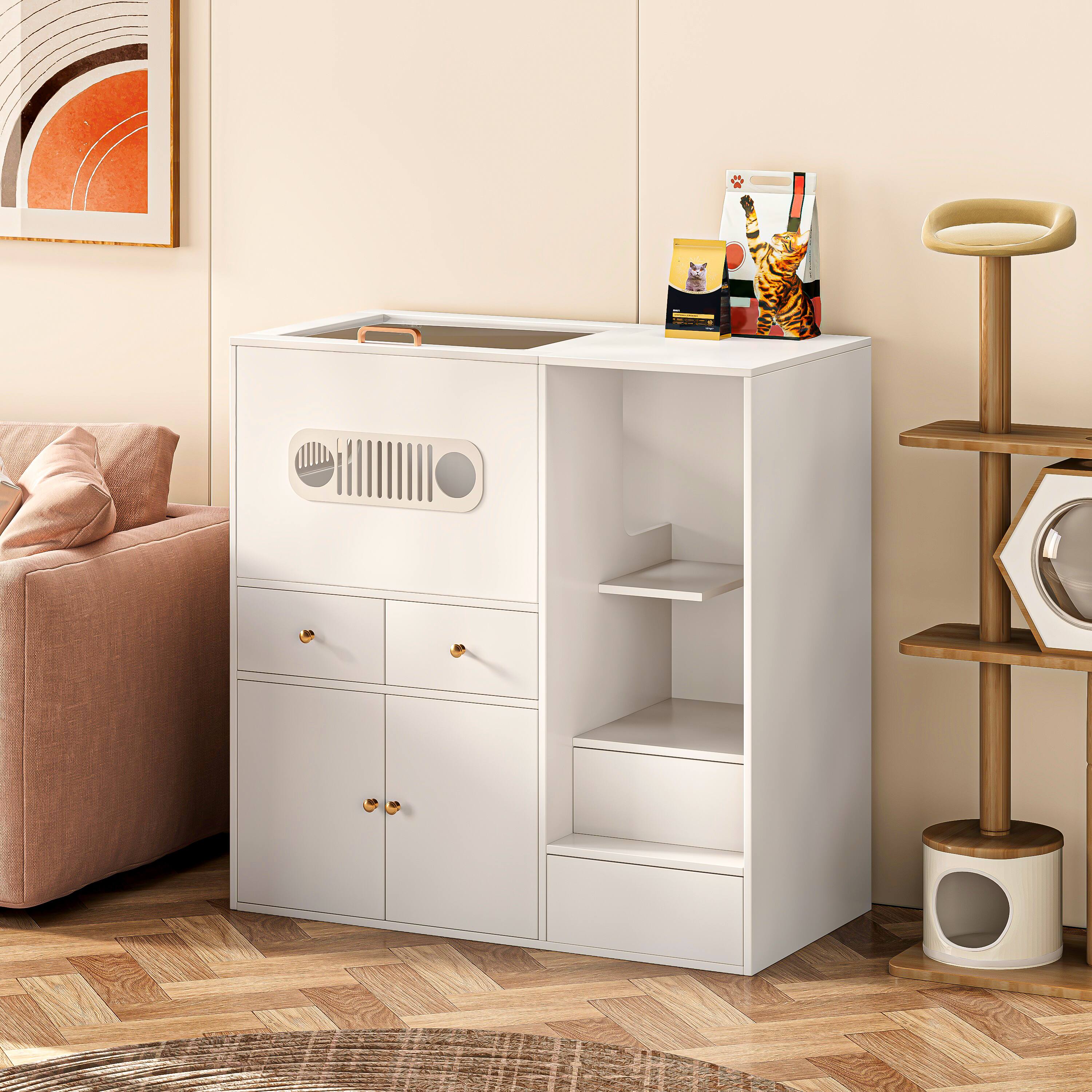 Alt View 1. MSOOB - 40.2'' W Top Entry Cat Litter Box Enclosure Furniture Style, Hidden Glass Cat Cabinet Pet House - White.