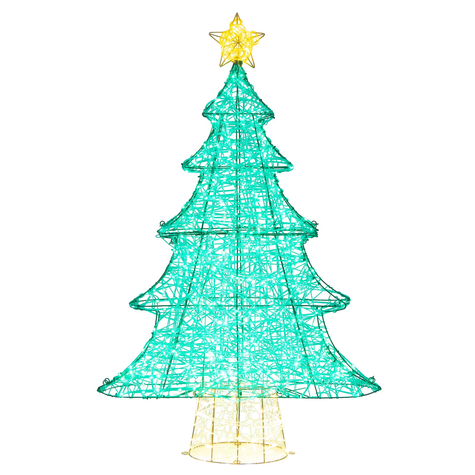 Costway - 4FT Lighted Christmas Tree with Top Star, Illuminated Christmas Tree Decoration with 520 Warm White LED Lights - Green & Yellow