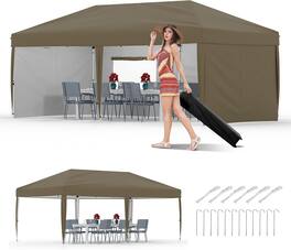 Acekool - 10x20 Pop-Up Canopy Tent with 4 Sidewalls, Easy One-Person Setup, UV Protection, Wheeled Bag, Brown