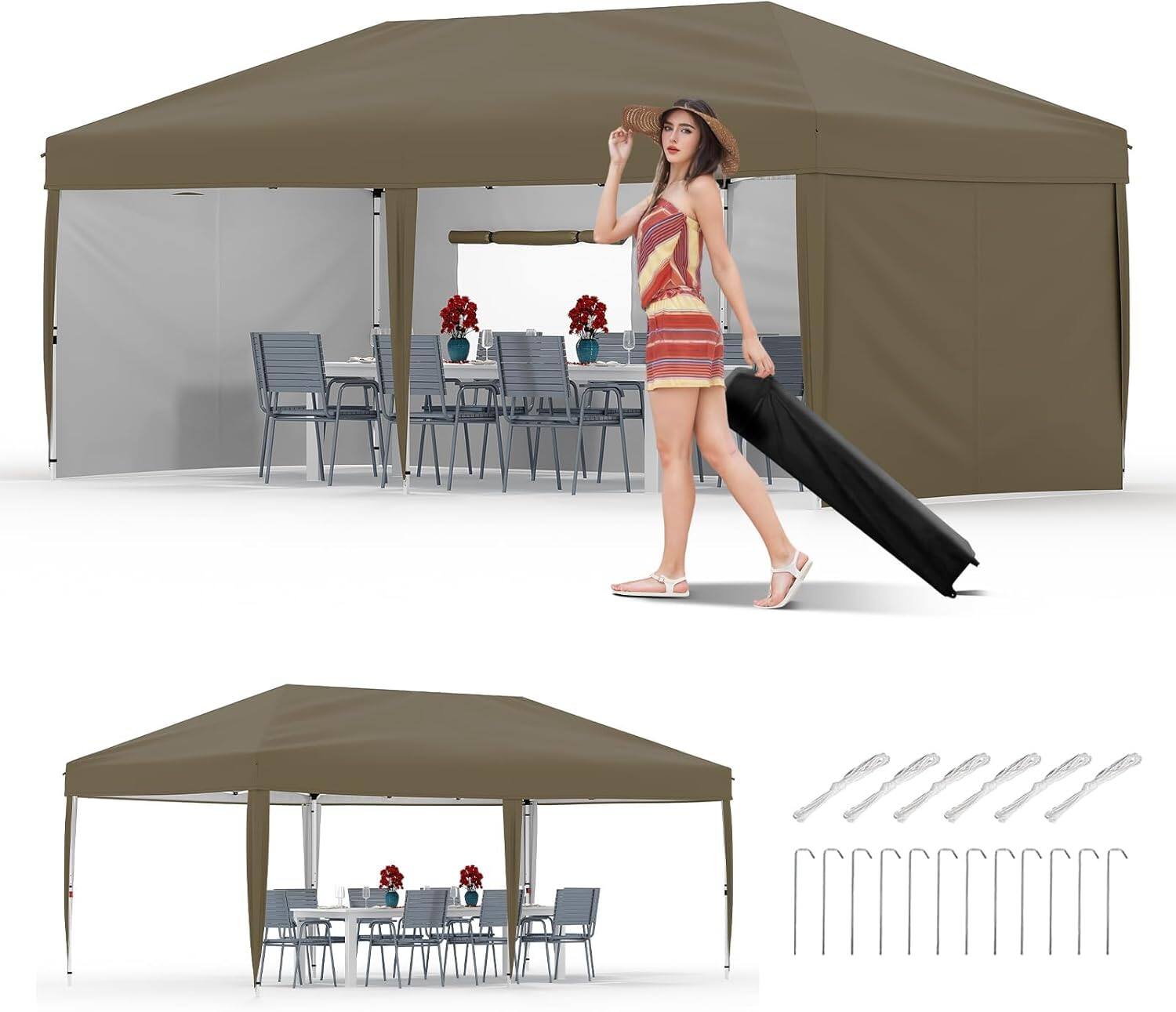 Front. Acekool - 10x20 Pop-Up Canopy Tent with 4 Sidewalls, Easy One-Person Setup, UV Protection, Wheeled Bag, Brown.