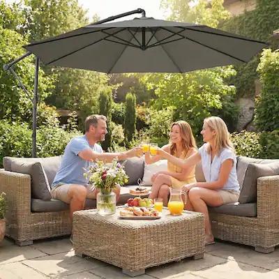 Outsunny 10 ft Offset Patio Umbrella with Cover, Round Hanging Cantilever Umbrella with 6-Position 360 Rotation, Crank Handle, Tilt, Tan Outsunny 10 ft Offset Patio Umbrella with Cover, Round Hanging Cantilever Umbrella with 6-Position 360 Rotation, Crank Handle, Tilt, Tan