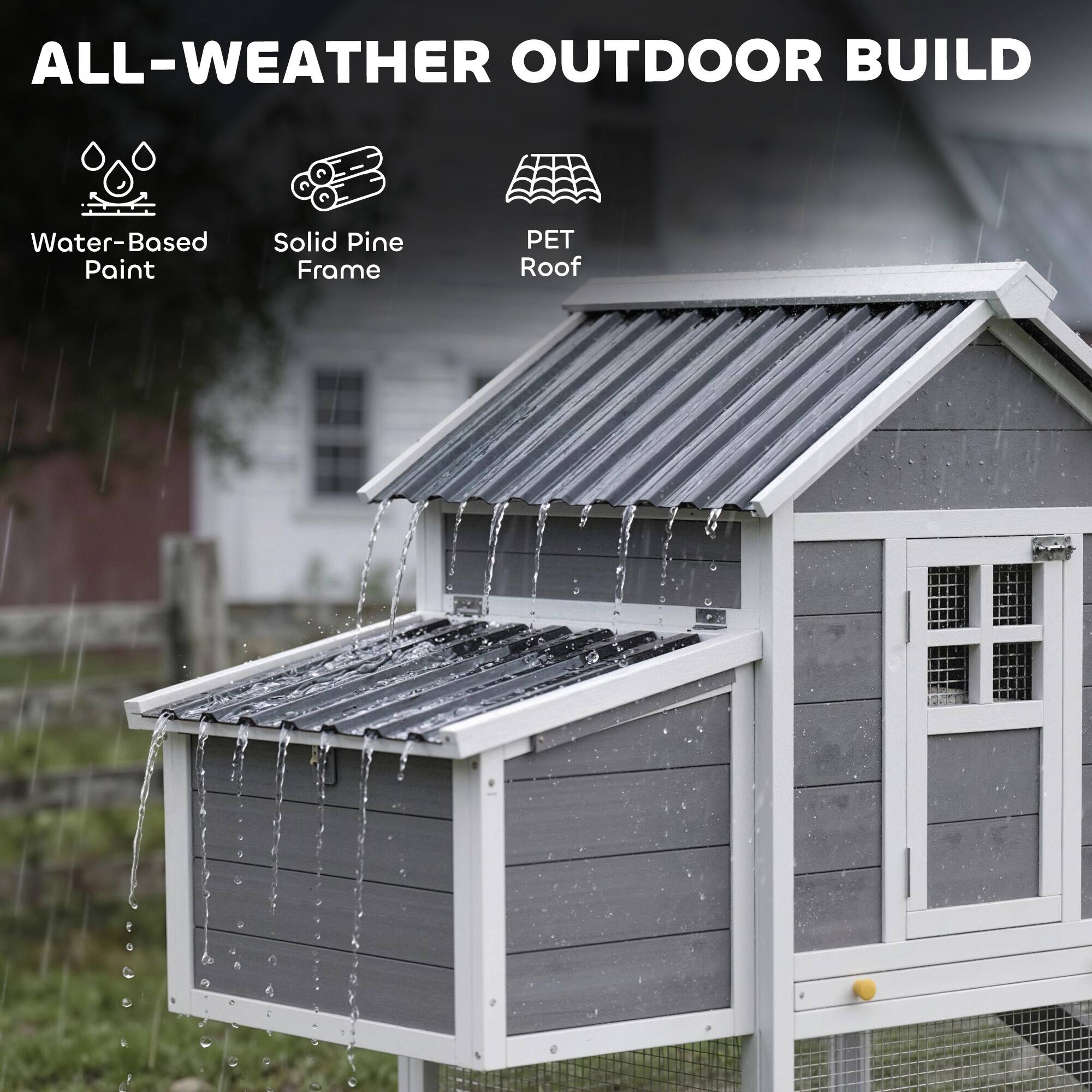 ALL-WEATHER OUTDOOR BUILD

- Water-Based Paint
- Solid Pine Frame
- PET Roof