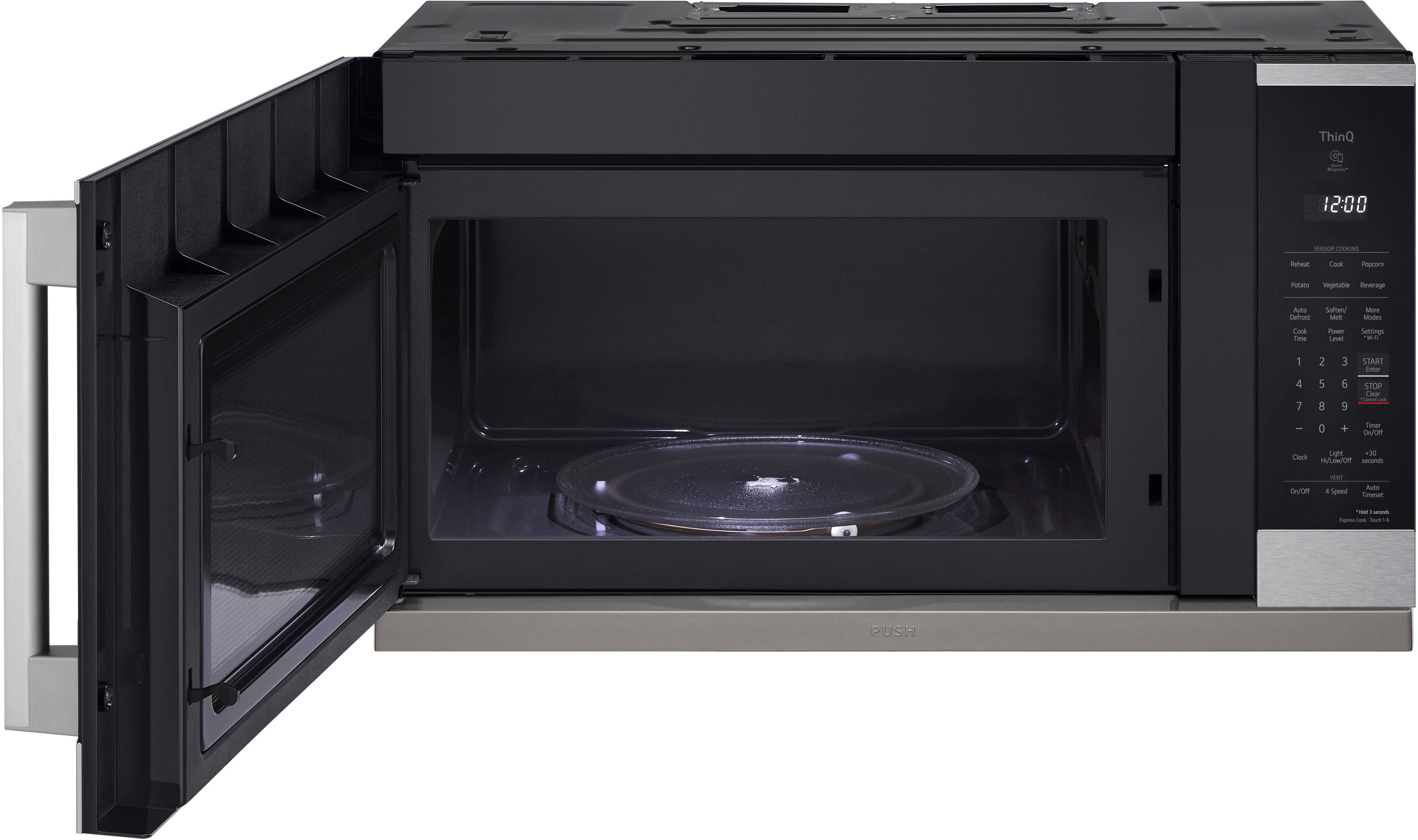 The text on the image is:

"ThinQ 12:00 SERGOR COOKIN iuteut Cook Popcorn Potato Vegetable Reverage Auts Defrent Saftes Meit More Natodies Cook Time Powe Level Sectings  1 4 7 2 5 B 3 5 9 START Emtar STOP Clar C ee 0 + Saer Oeon Light 10 Click Hulew/OR serands oom VEST a Speed Auts limeunt T - - - SuSsa PUSA"

This text appears to be a combination of various cooking-related phrases and instructions, possibly related to a microwave or oven. However, it is not clear what the actual purpose of this text is or how it is related to the image of the microwave.