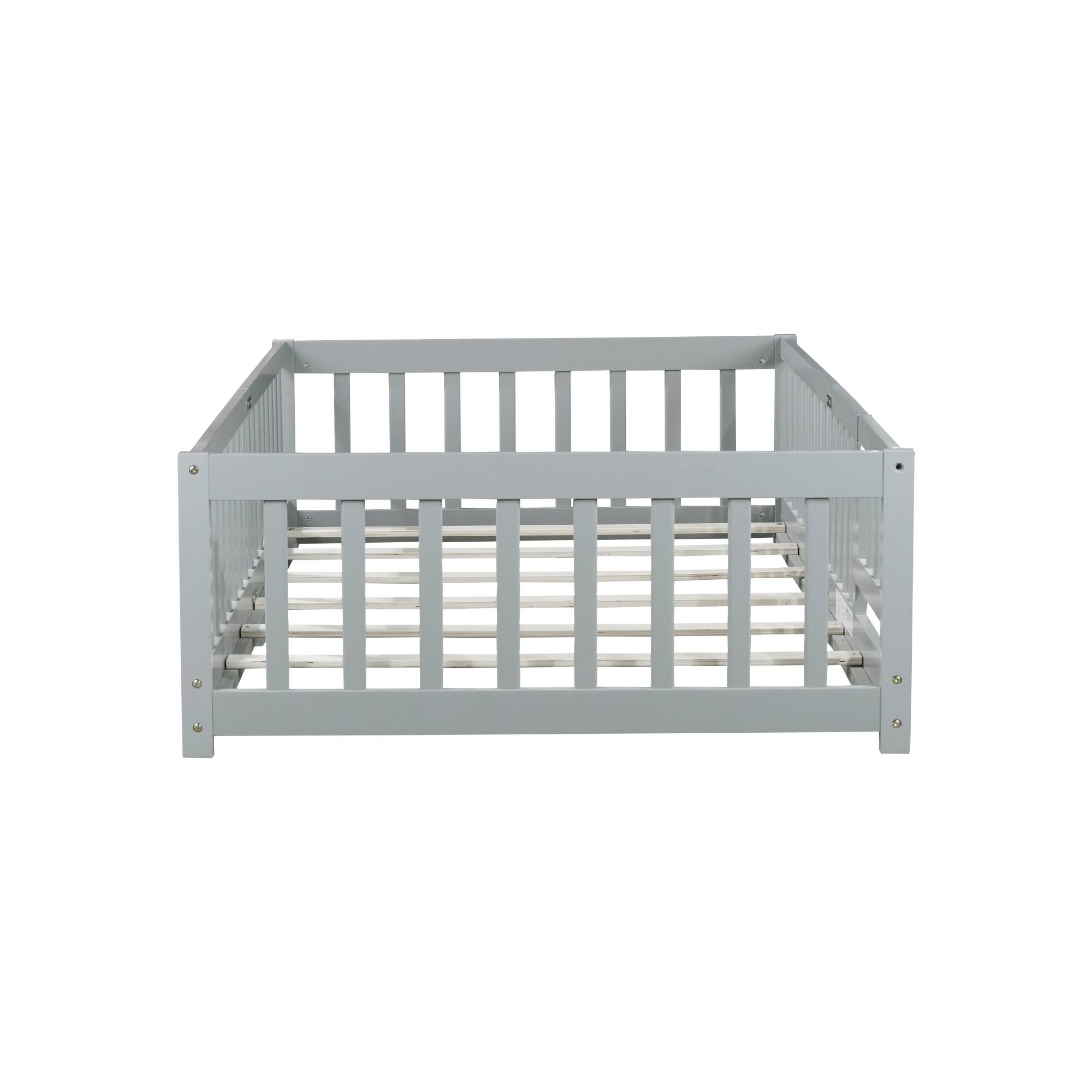 Alt View 1. GOODSILO - Twin Size Floor Bed with Safety Fence and Door for Kids, Sturdy Rubber Wood Construction - Grey.