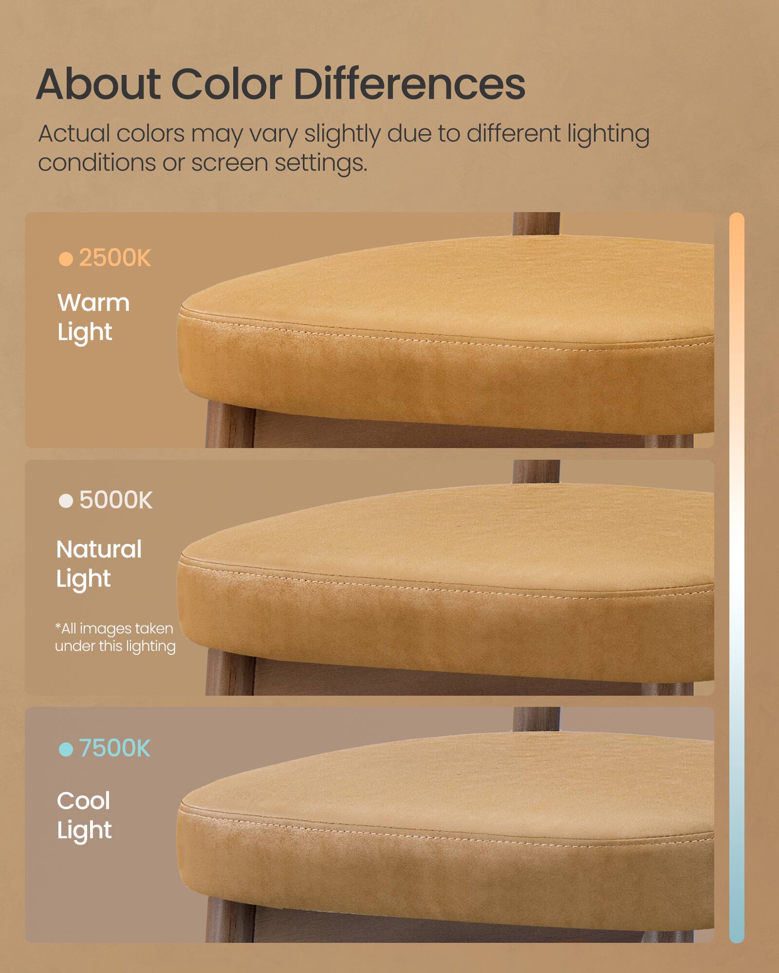 About Color Differences

Actual colors may vary slightly due to different lighting conditions or screen settings.

- 2500K Warm Light
- 5000K Natural Light  
  *All images taken under this lighting
- 7500K Cool Light