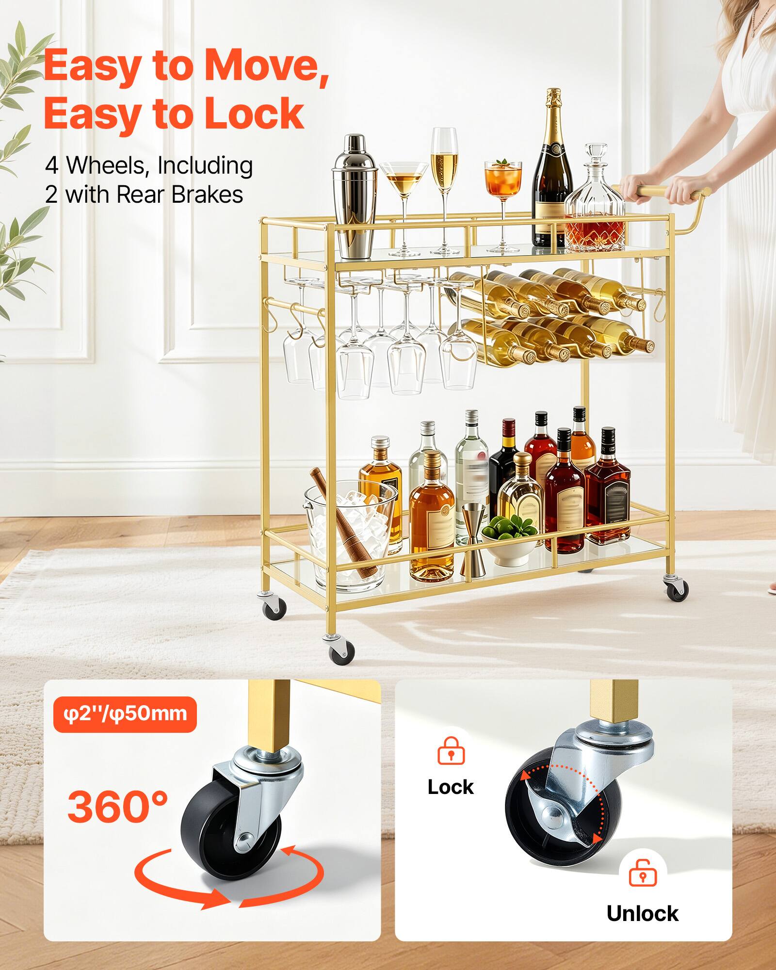 Easy to Move, Easy to Lock  
4 Wheels, Including 2 with Rear Brakes  
2"/50mm  
360° Lock  
Unlock